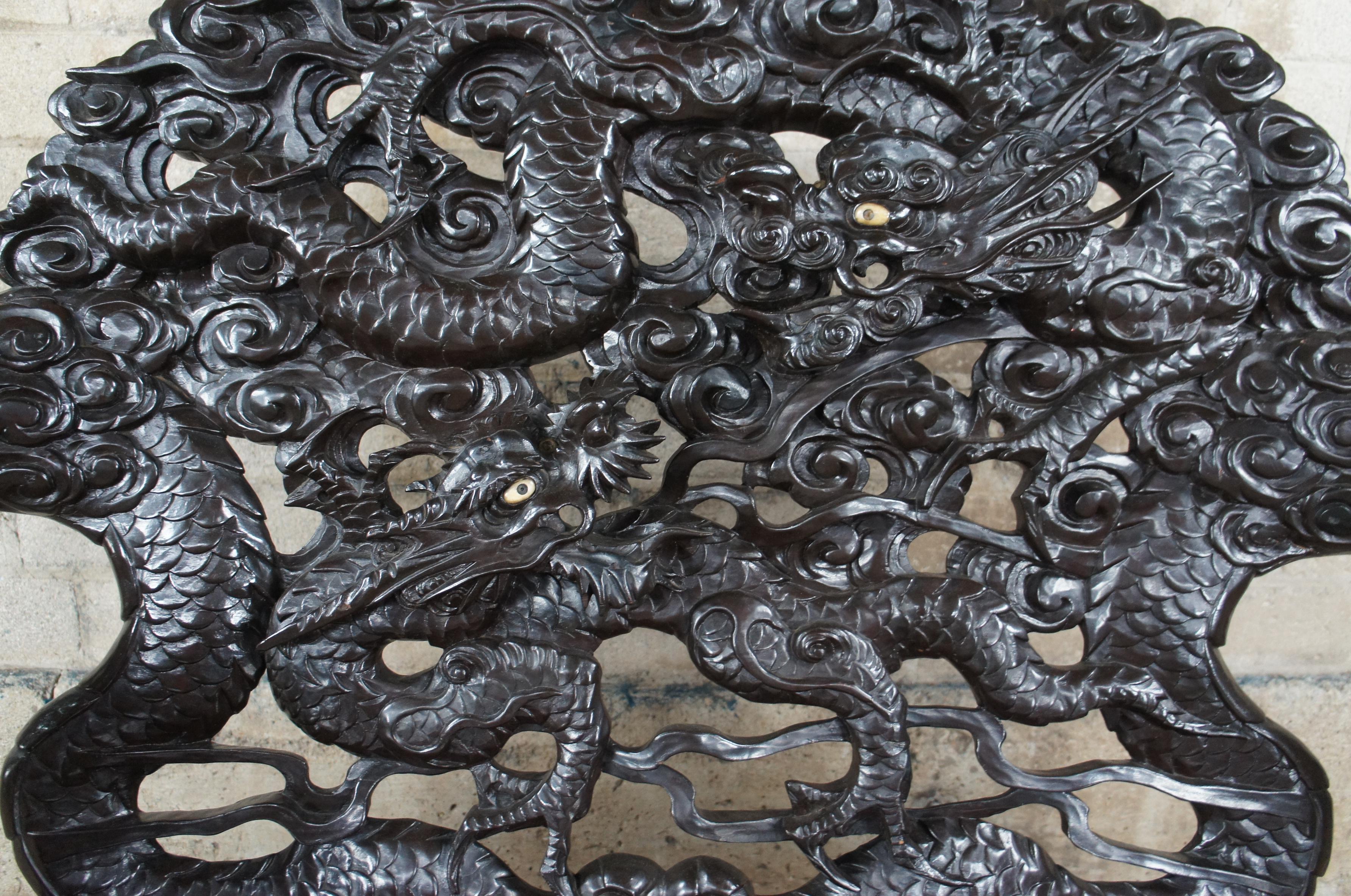 19th Century Antique Imperial Meiji Japanese Ebonized High Relief Carved Dragon Bench For Sale