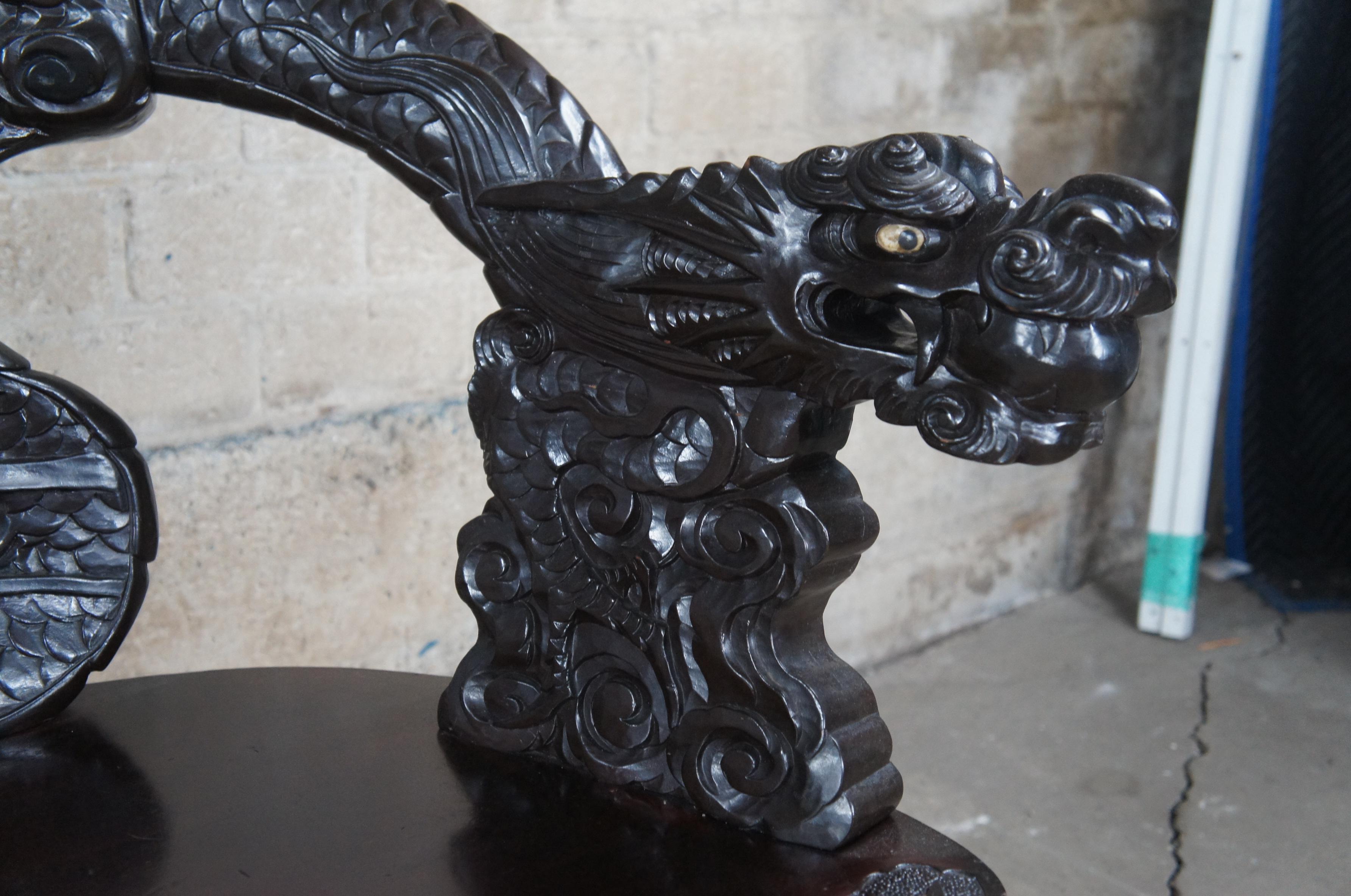 Rosewood Antique Imperial Meiji Japanese Ebonized High Relief Carved Dragon Bench For Sale