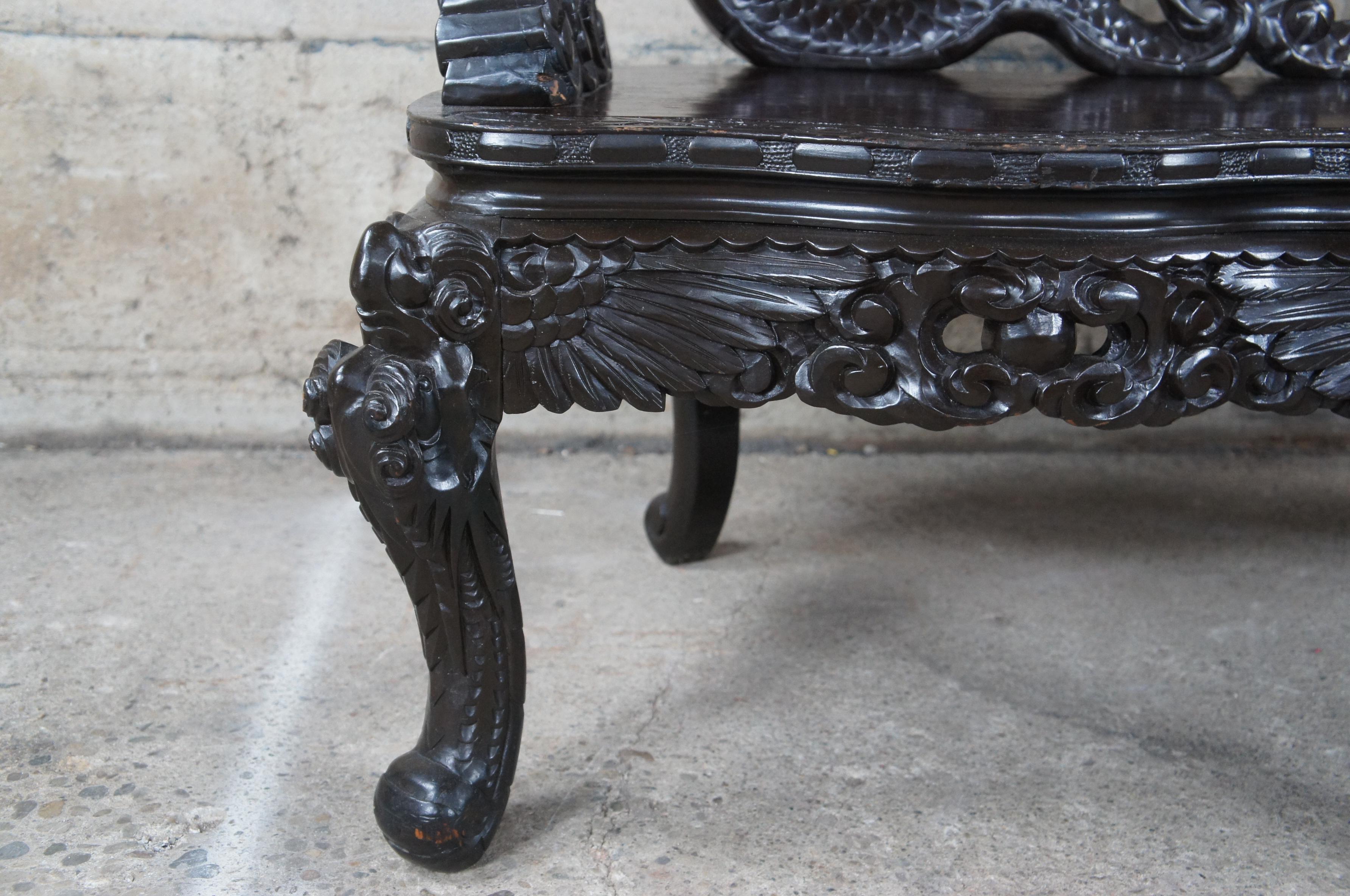 Antique Imperial Meiji Japanese Ebonized High Relief Carved Dragon Bench For Sale 2