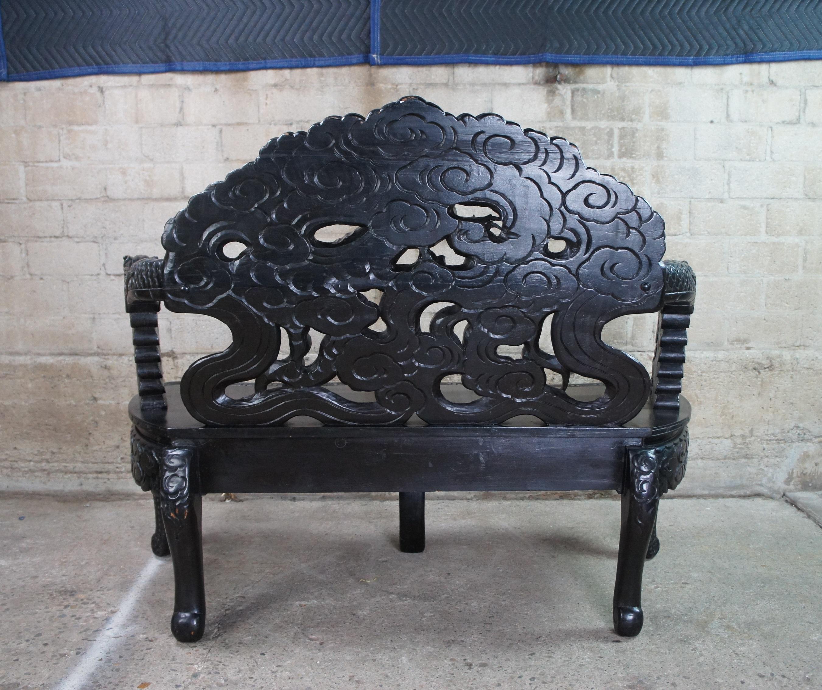 Antique Imperial Meiji Japanese Ebonized High Relief Carved Dragon Bench 3