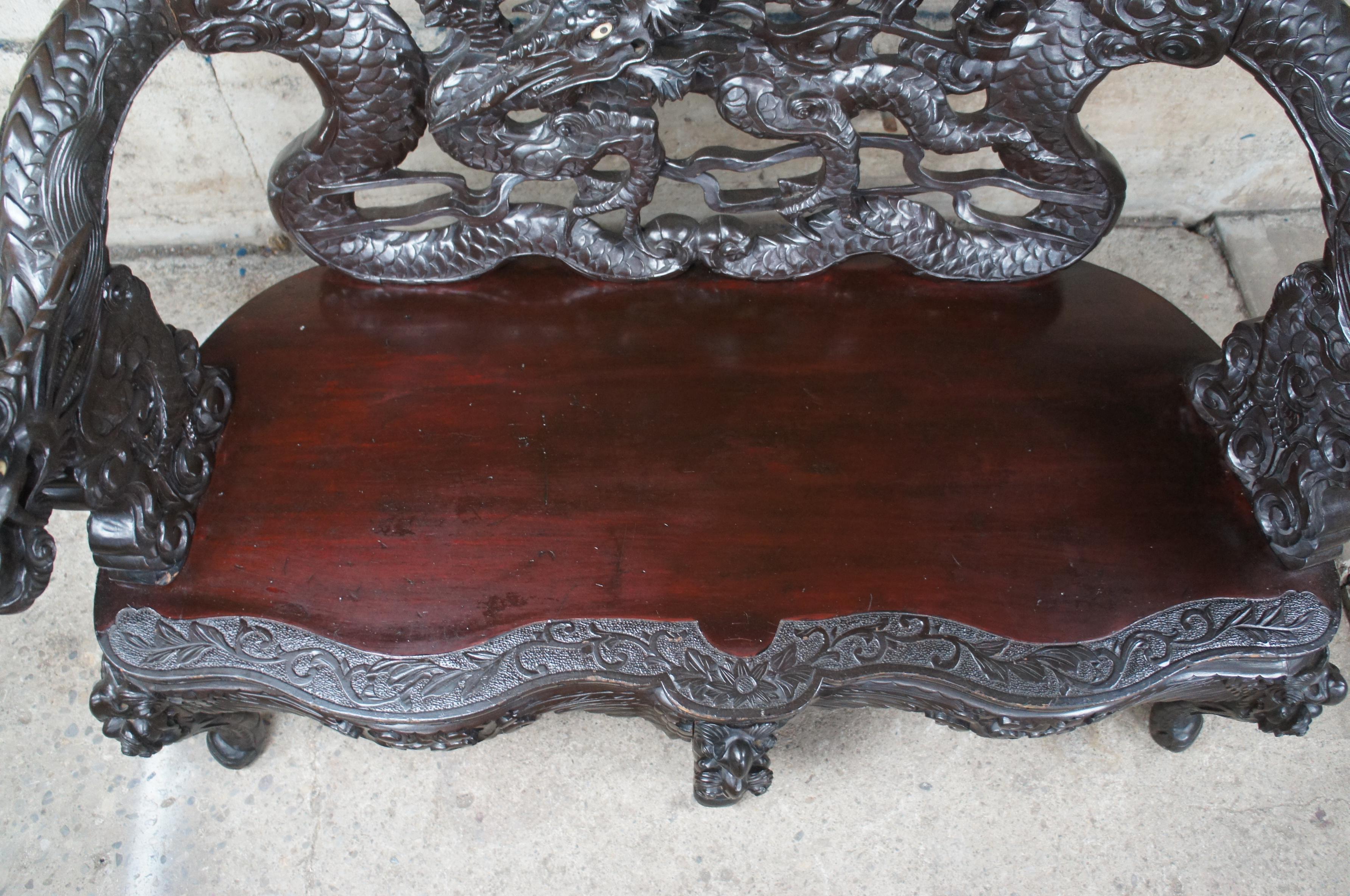 Antique Imperial Meiji Japanese Ebonized High Relief Carved Dragon Bench For Sale 3
