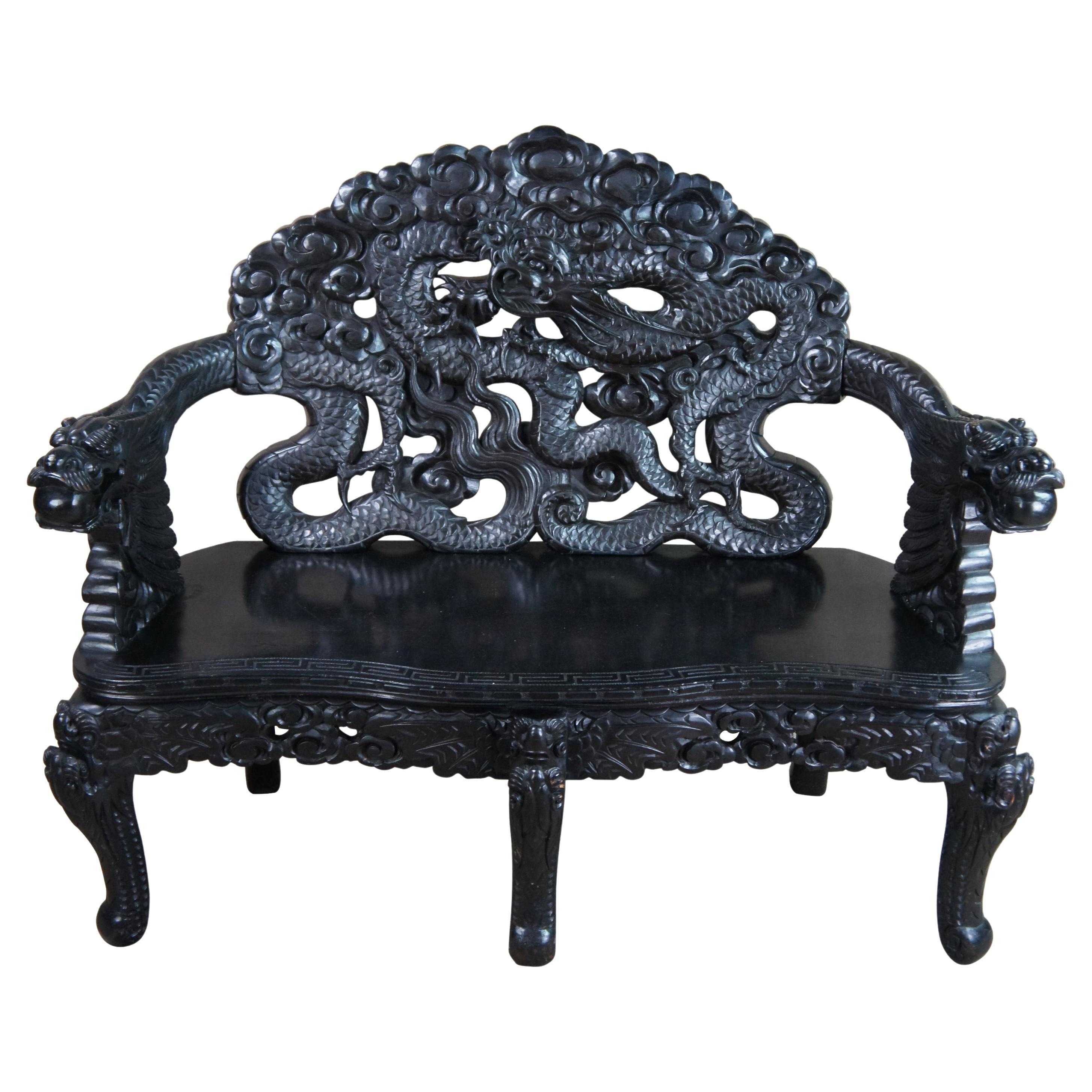 Antique Imperial Meiji Japanese Ebonized High Relief Carved Dragon Bench