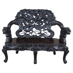 Antique Imperial Meiji Japanese Ebonized High Relief Carved Dragon Bench