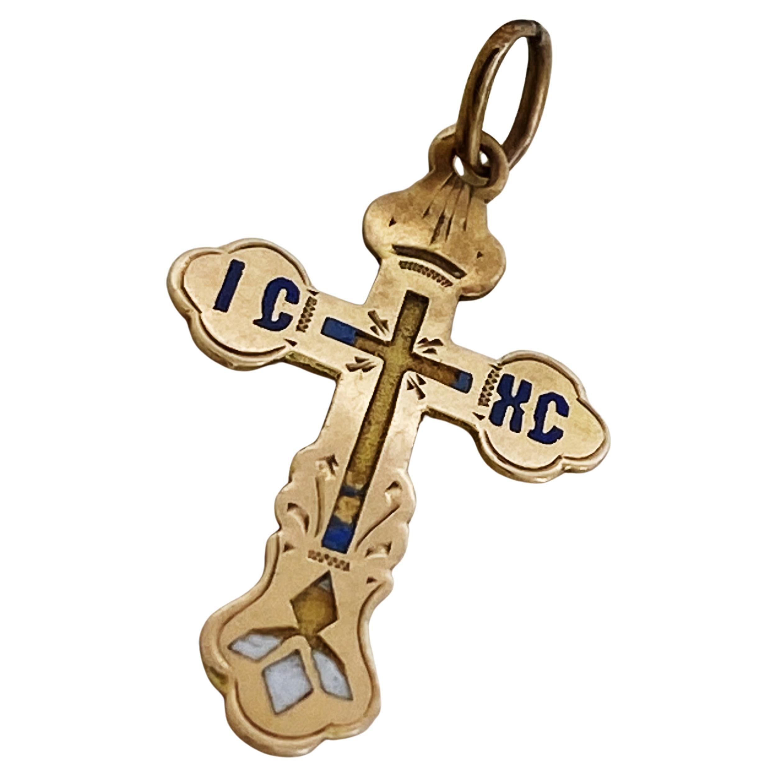 An Antique, circa 1890 Imperial Russia (Moscow)
Eastern Orthodox Cruciform Pendant / Cross / Crucifix, 
beautifully detailed & designed in Fleur De Lis motif 

Meticulously crafted in 14K Yellow Gold – 
bearing a 56 Russian stamp to the back,