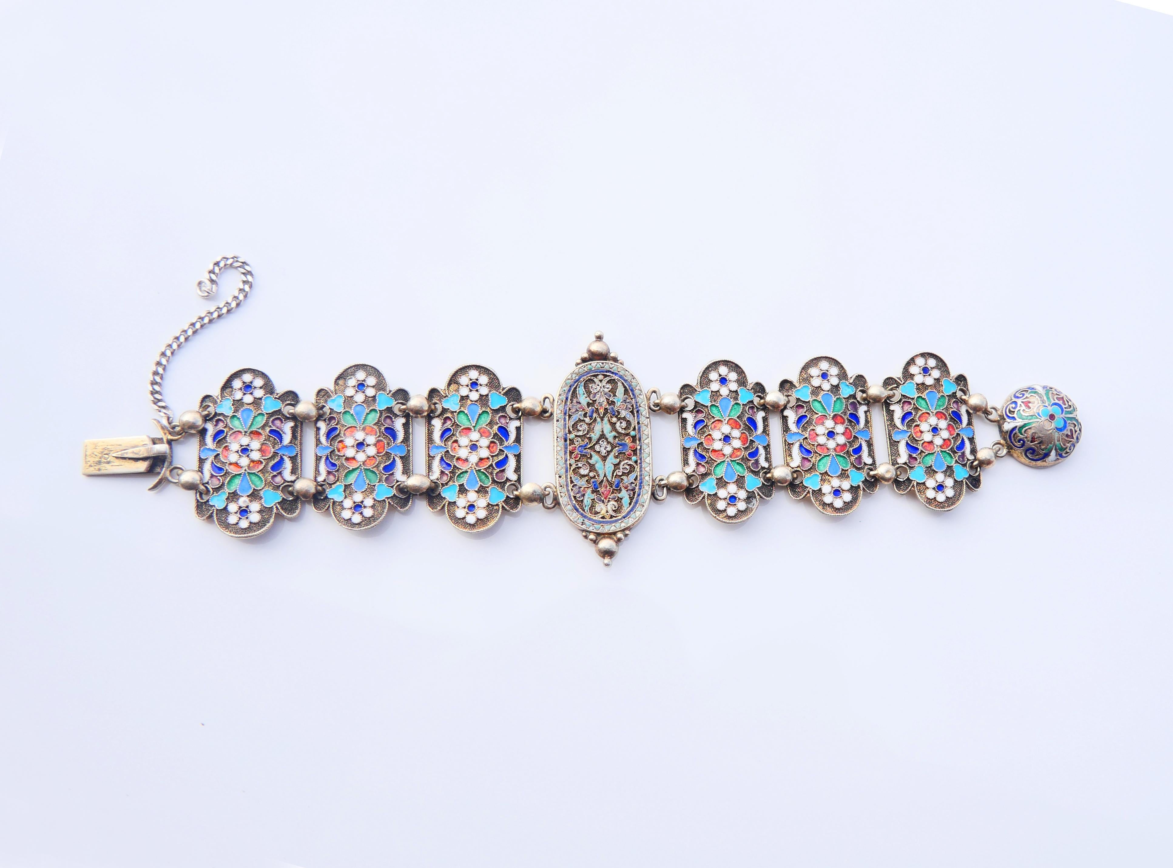 Women's Antique Imperial Russian A.Dalman Bracelet Enamel solid 84 Silver / 18.5cm /55gr For Sale