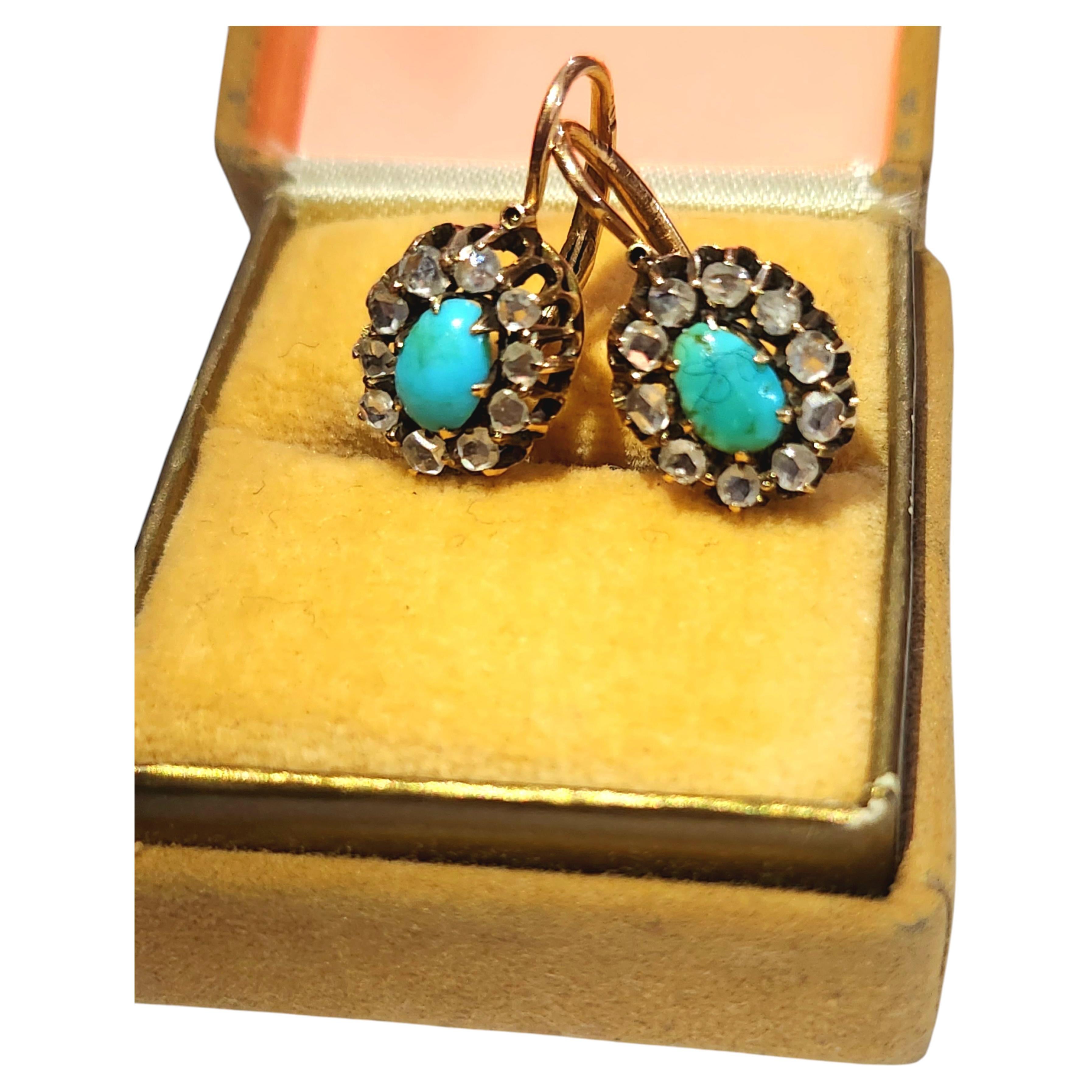 „Antike Ohrringe aus 14-karätigem Gold mit Türkis und Diamanten im Rosenschliff, Moskau 1900“ im Angebot