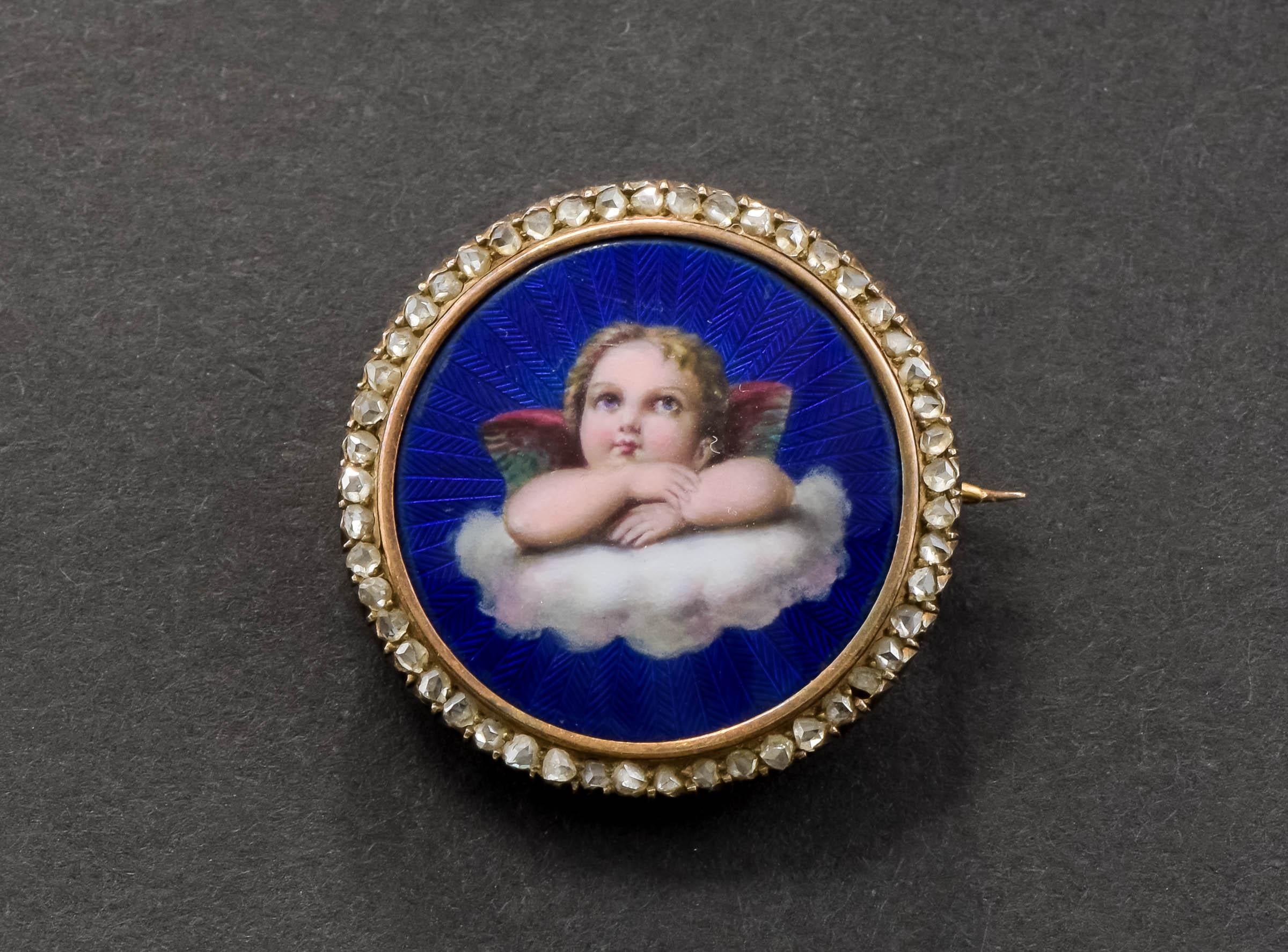 Antiguo broche imperial ruso de diamantes esmaltados con forma de querubín, ángel o putti 4