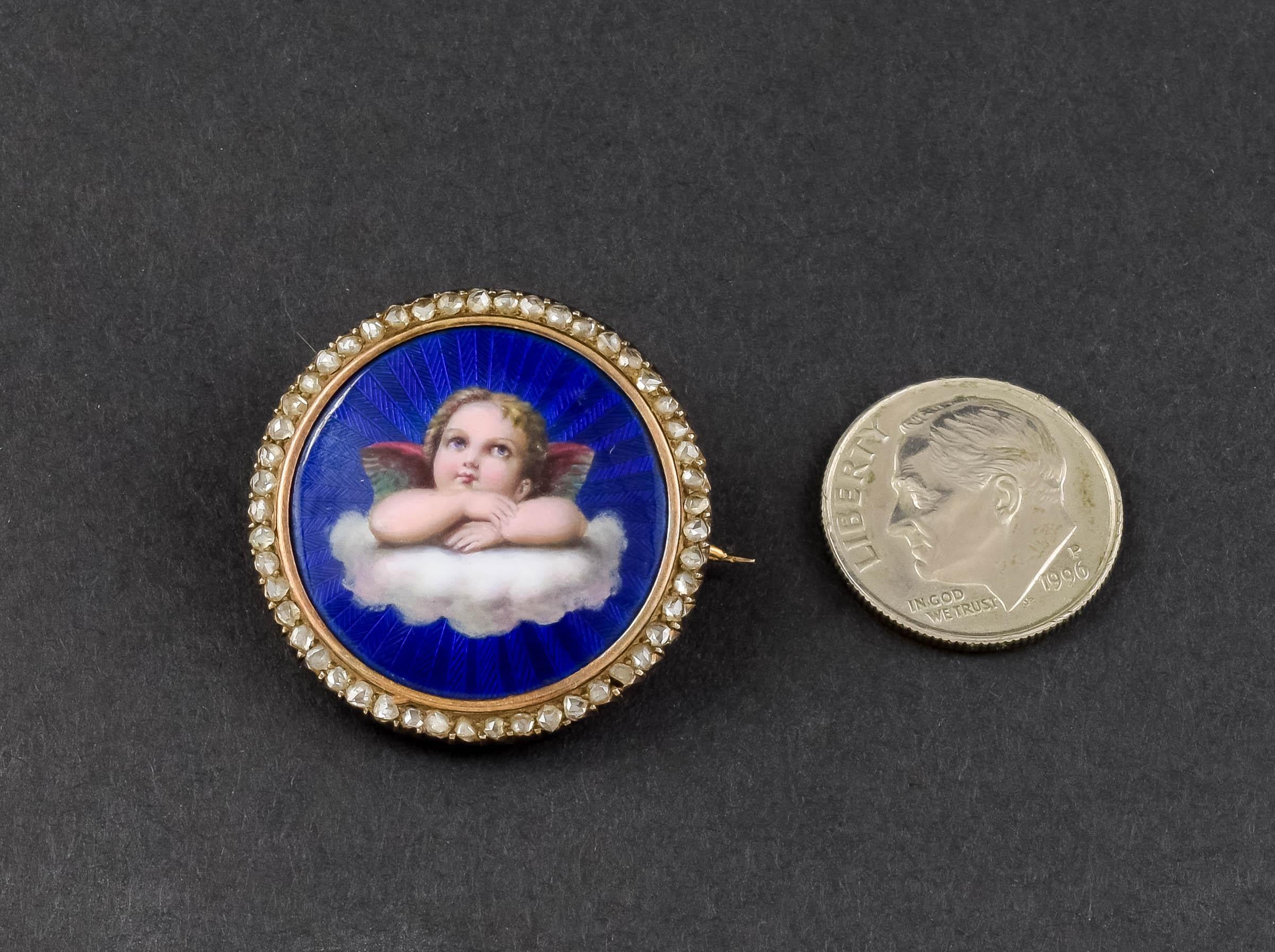 Antiguo broche imperial ruso de diamantes esmaltados con forma de querubín, ángel o putti 5