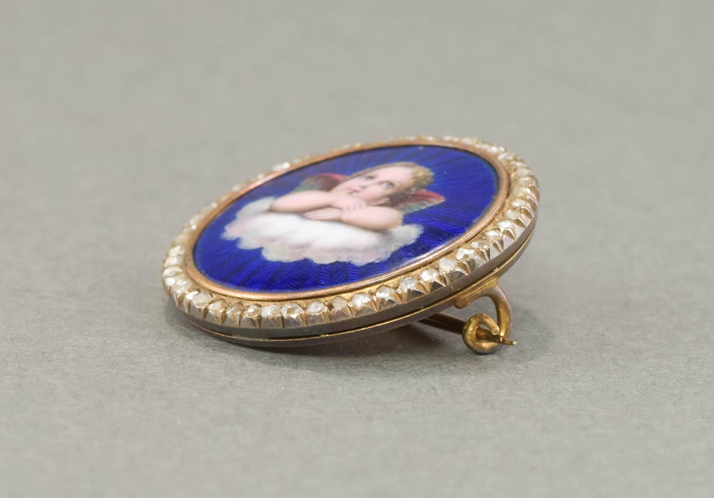 Antiguo broche imperial ruso de diamantes esmaltados con forma de querubín, ángel o putti en Bueno Estado en Danvers, MA