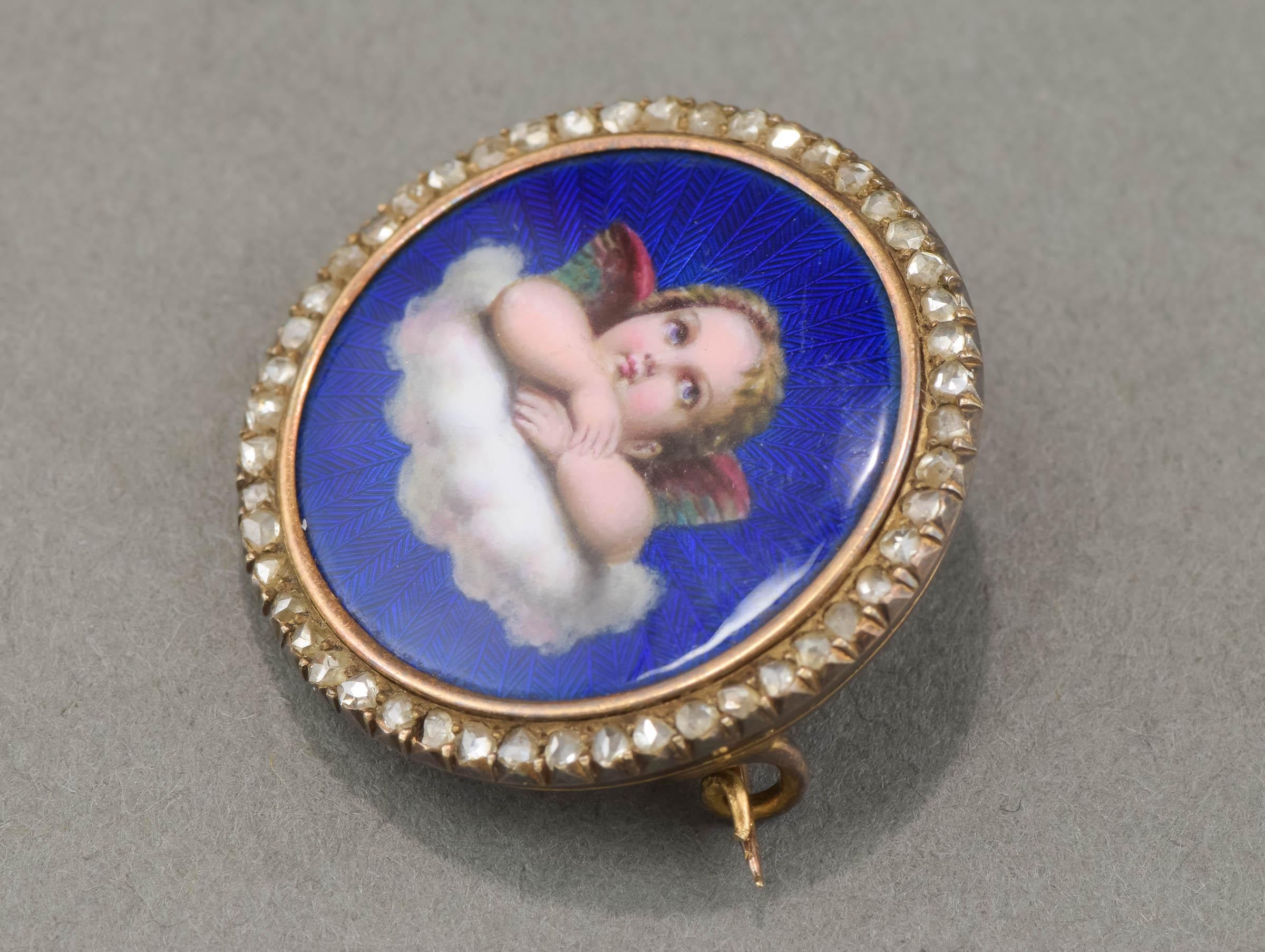 Antiguo broche imperial ruso de diamantes esmaltados con forma de querubín, ángel o putti 2