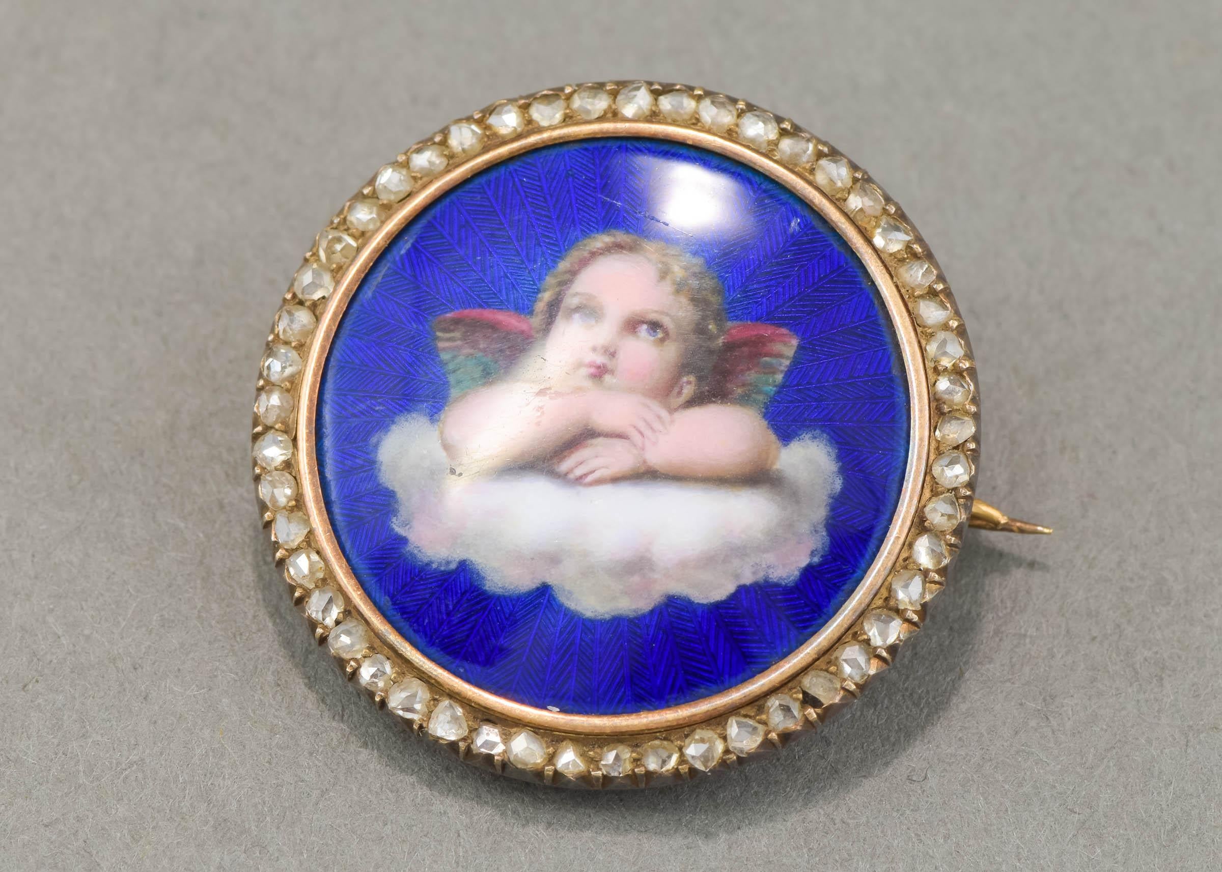 Antiguo broche imperial ruso de diamantes esmaltados con forma de querubín, ángel o putti 3