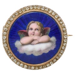 Antique Imperial Russian Enamel Diamond Cherub, Angel or Putti Brooch Pin