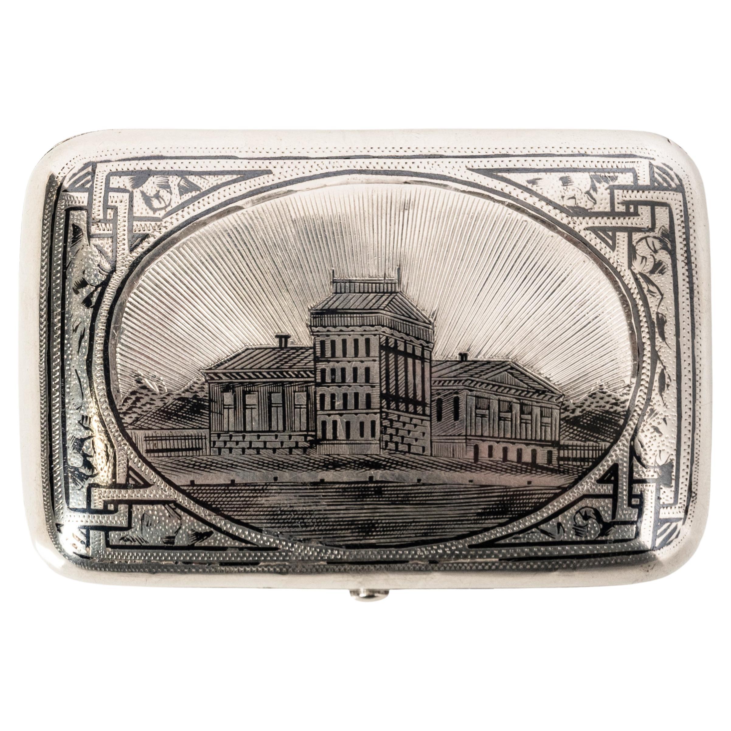 Antiguo Estuche Imperial Ruso Grabado 84 Plata Niello Caja de Tabaco Moscú 1886