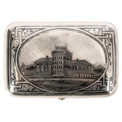 Antiguo Estuche Imperial Ruso Grabado 84 Plata Niello Caja de Tabaco Moscú 1886