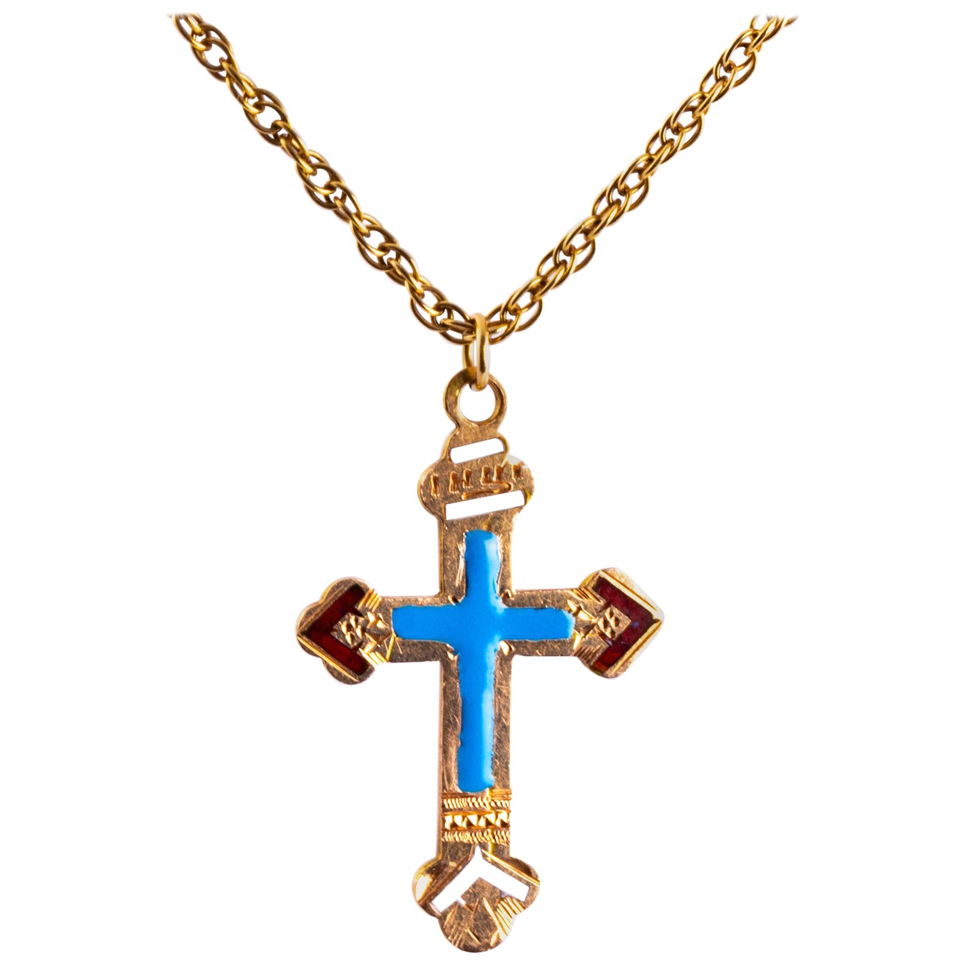 Antique Imperial Russian Gold and Enamel Cross Pendant Necklace