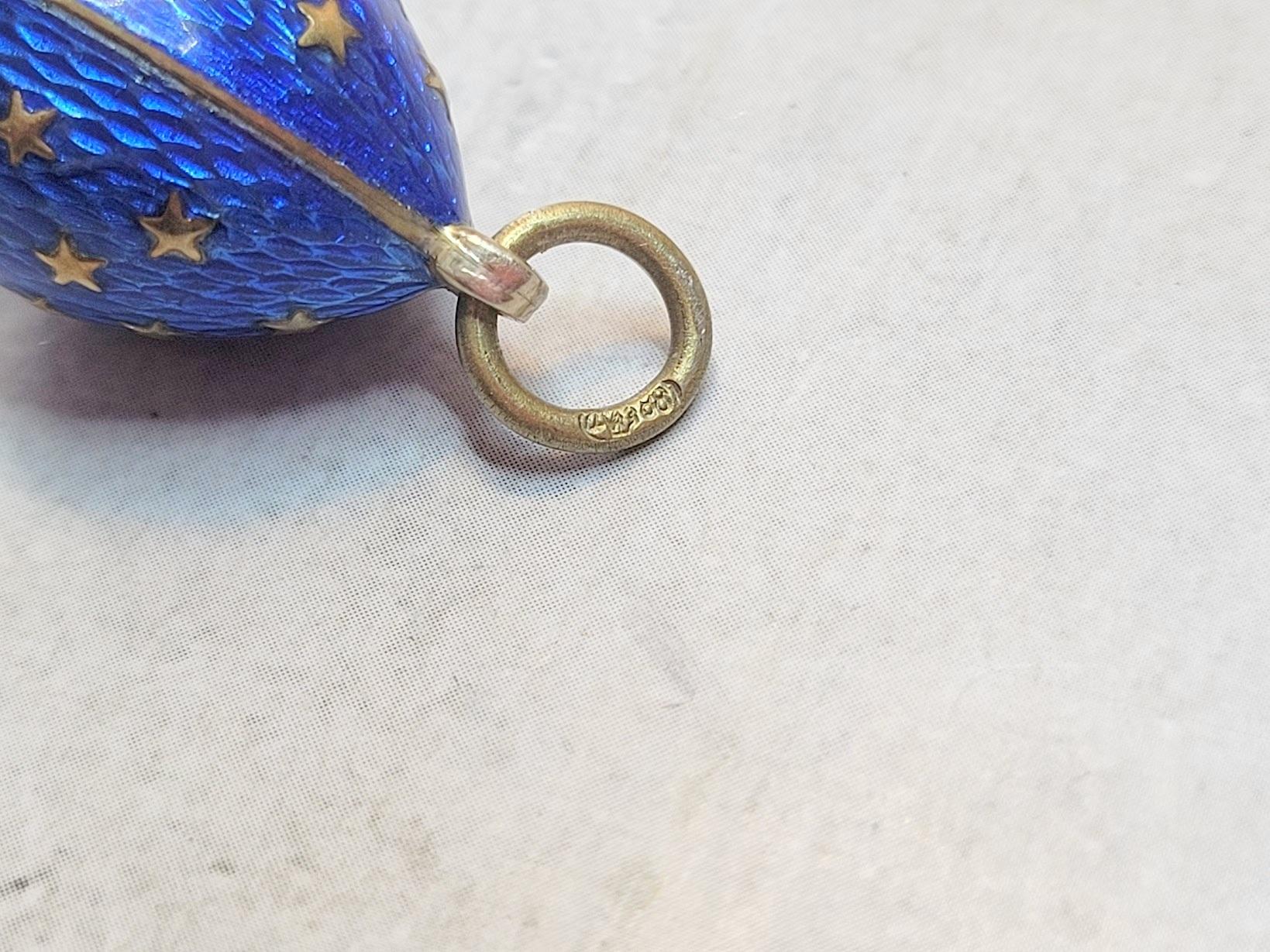 Antique Imperial Russian Guilloche Blue Enamel Egg Pendant For Sale 1