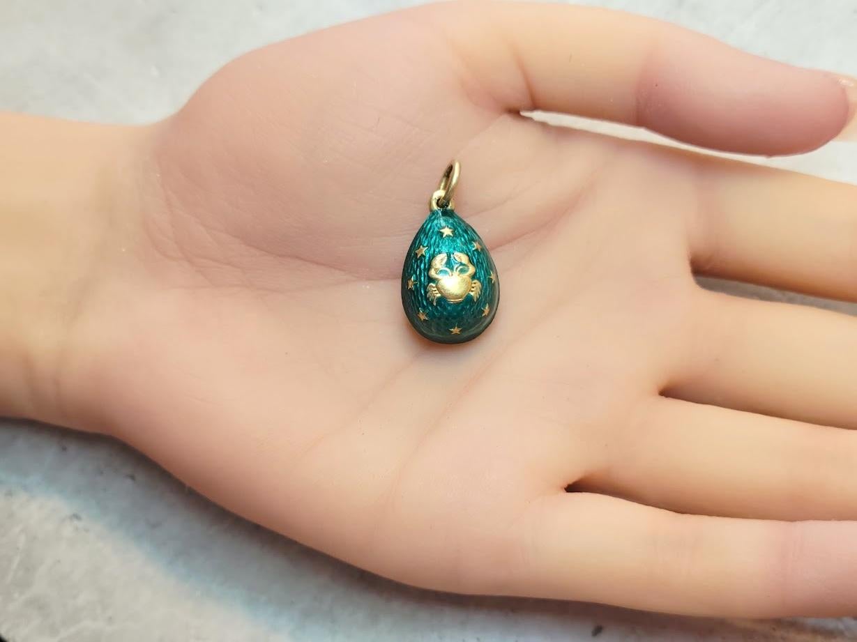 Women's or Men's Antique Imperial Russian Guilloche Emerald Enamel Egg Pendant, Zodiac Cancer For Sale