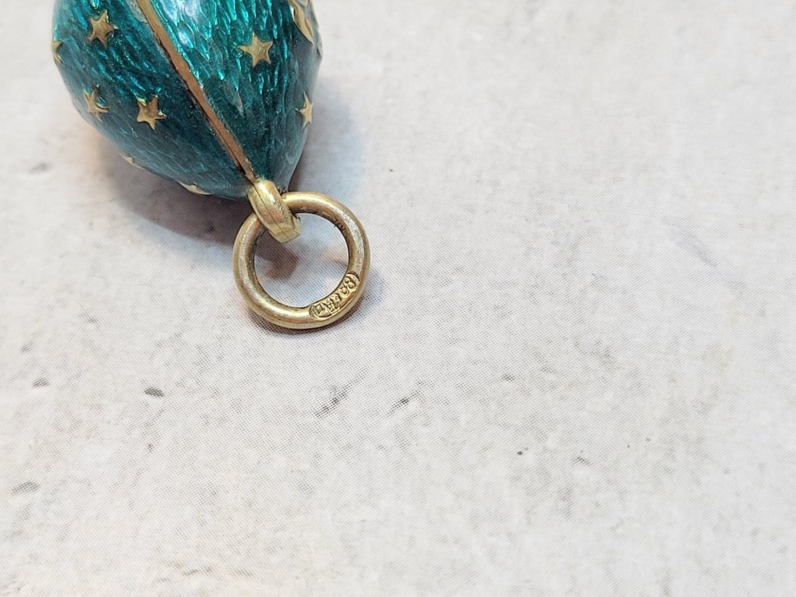 Antique Imperial Russian Guilloche Emerald Enamel Egg Pendant, Zodiac Cancer For Sale 2
