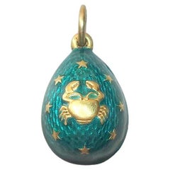 Antique Imperial Russian Guilloche Emerald Enamel Egg Pendant, Zodiac Cancer