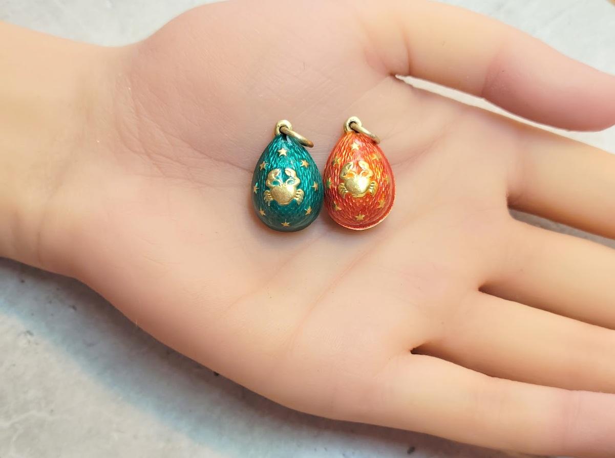Antique Imperial Russian Guilloche Orange Enamel Egg Pendant, Zodiac Cancer 5