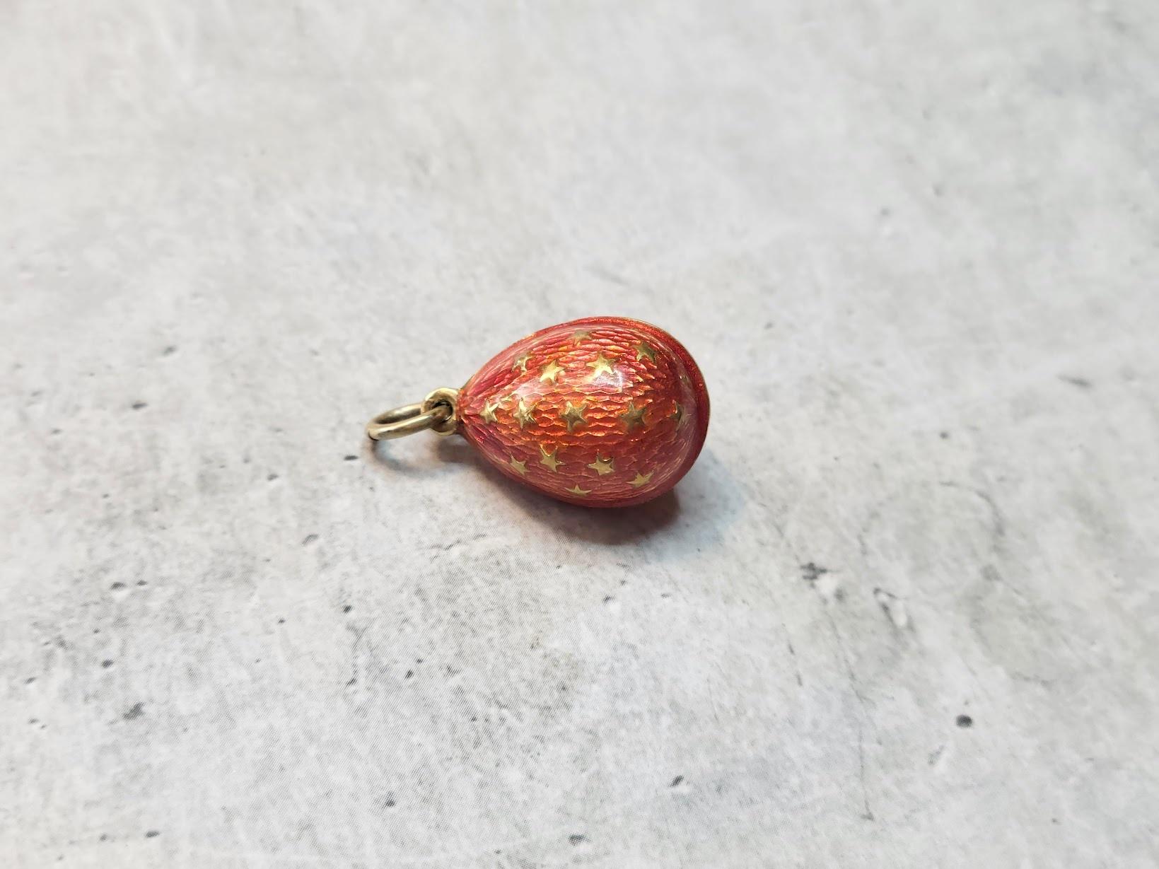 Antique Imperial Russian Guilloche Orange Enamel Egg Pendant, Zodiac Cancer In Excellent Condition In Chesterland, OH