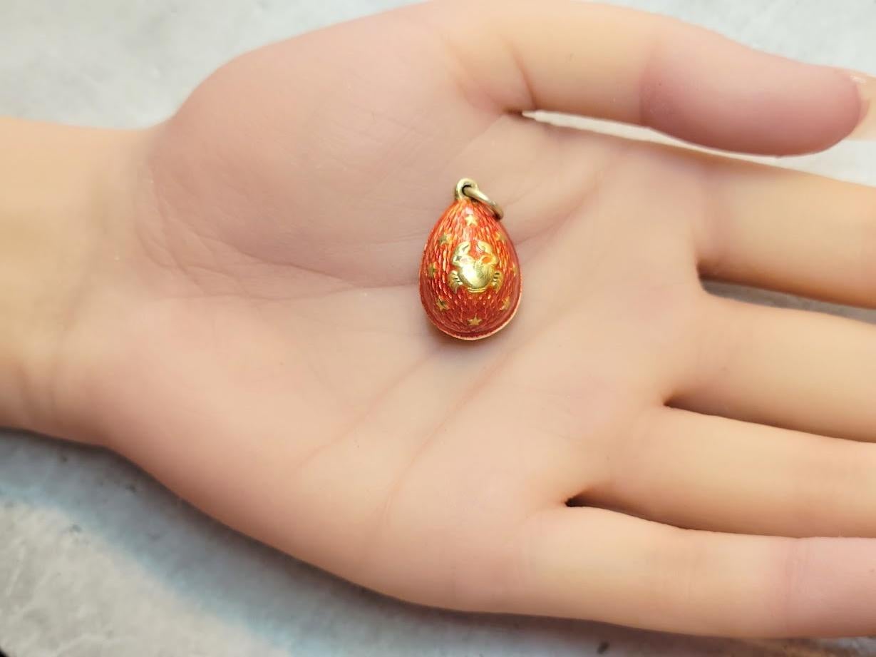 Women's or Men's Antique Imperial Russian Guilloche Orange Enamel Egg Pendant, Zodiac Cancer