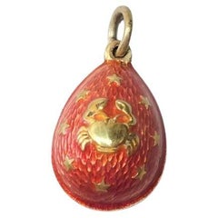 Antique Imperial Russian Guilloche Orange Enamel Egg Pendant, Zodiac Cancer