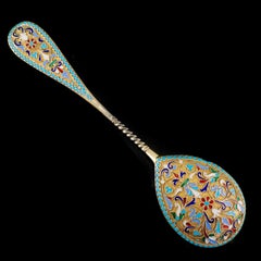 Antique Imperial Russian Large Silver Cloisonne Enamel Spoon, C.1880