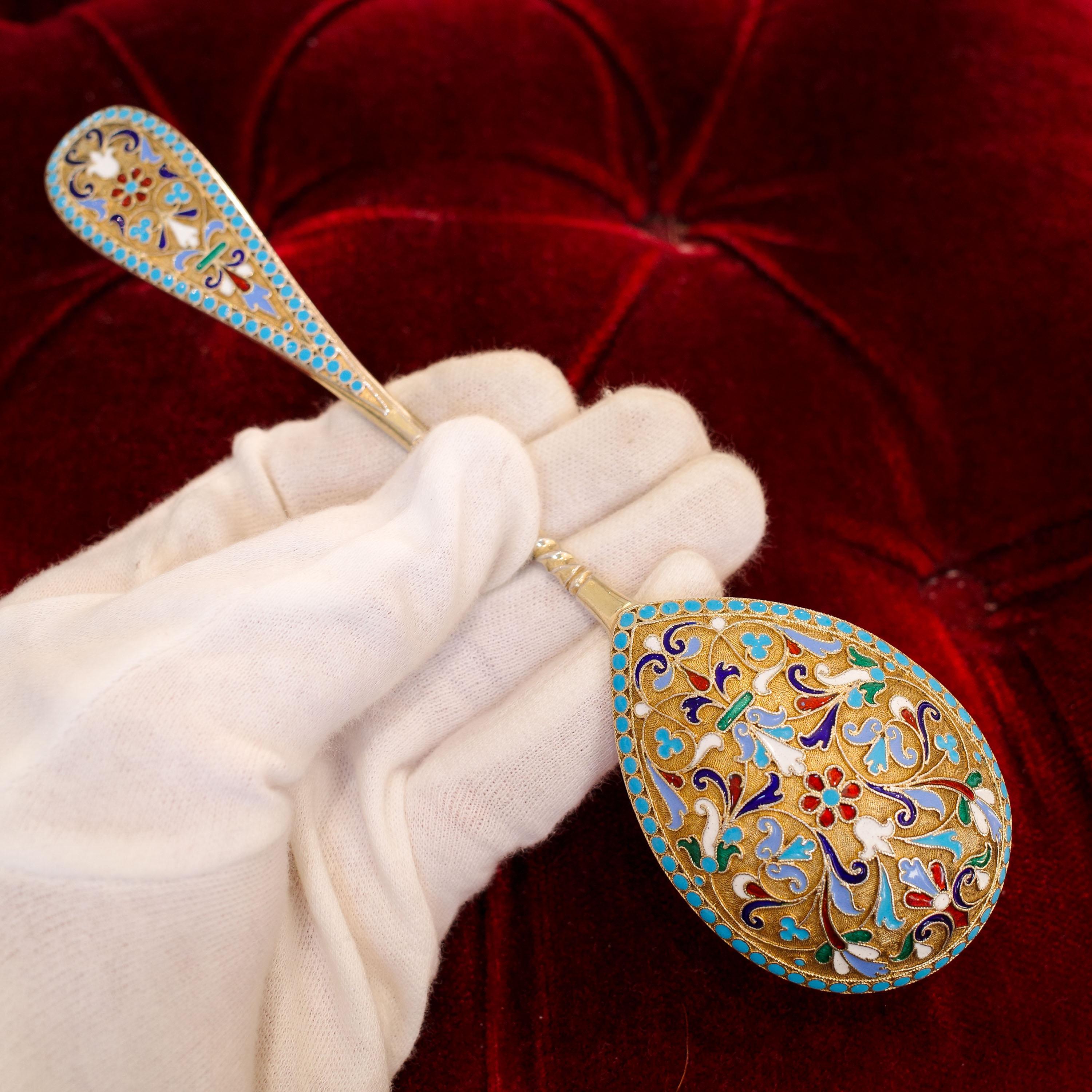 Antique Imperial Russian Large Silver Cloisonne Enamel Spoon, C.1880 In Good Condition In London, GB