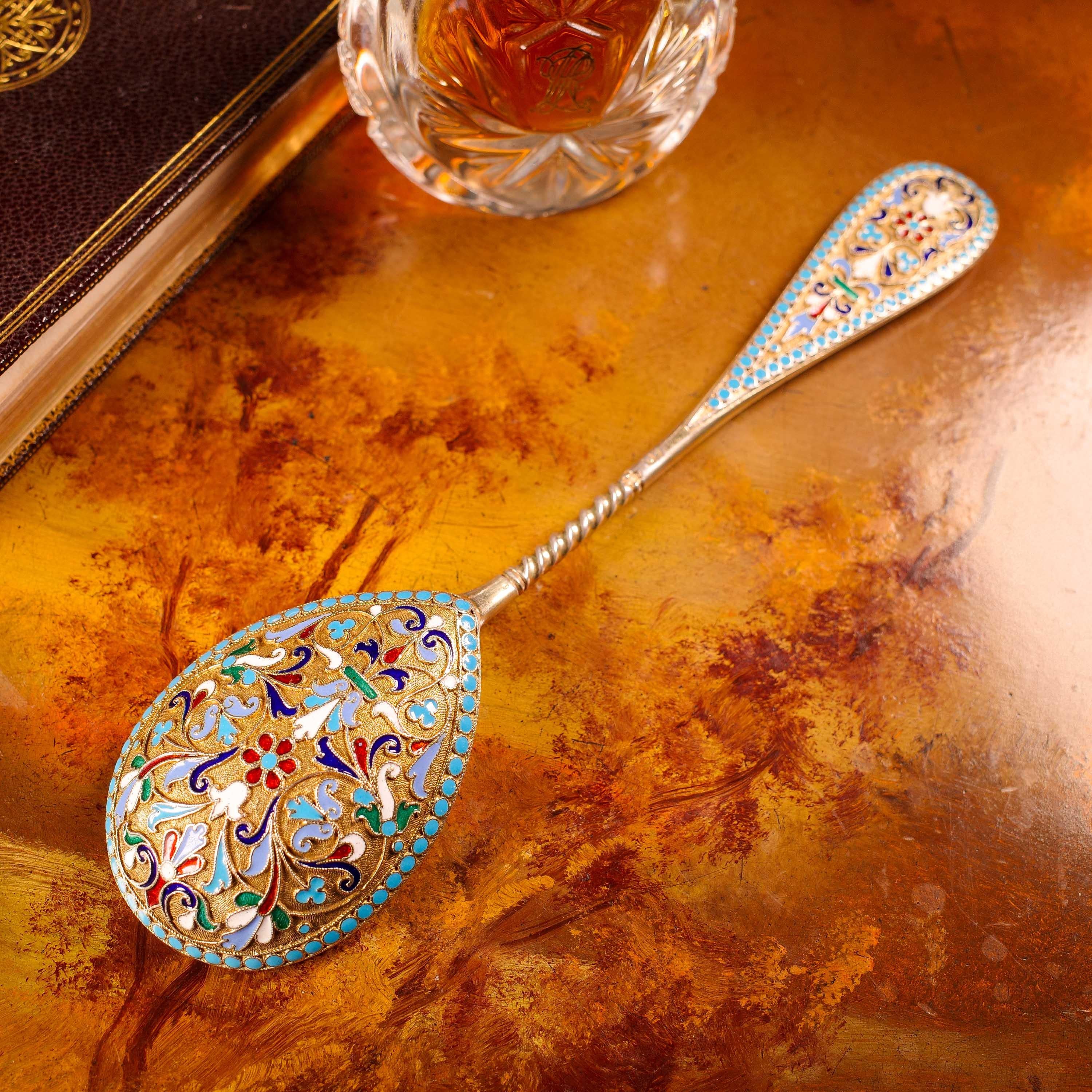Antique Imperial Russian Large Silver Cloisonne Enamel Spoon, C.1880 4