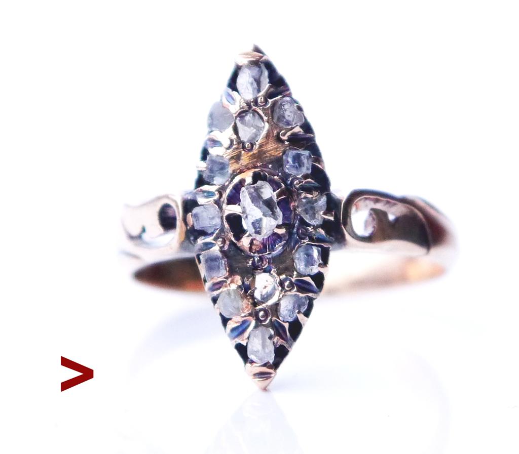 Beautiful Antique Art Nouveau / Imperial period 56 Rose Gold /14K Russian Ring featuring rose diamond cut Diamonds arranged in fancy Boat - shaped pattern with carved shank of beautiful leaves. In Russia and around rings with crown of this or