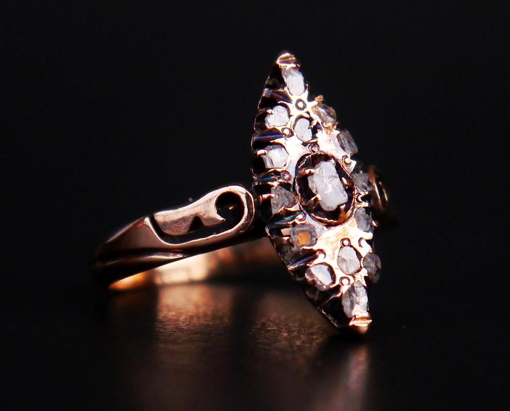Antiker Imperialer Russischer Lodka Ring massiv 56 /14K Gold Diamanten Ø6.5US /3.2gr im Angebot 3