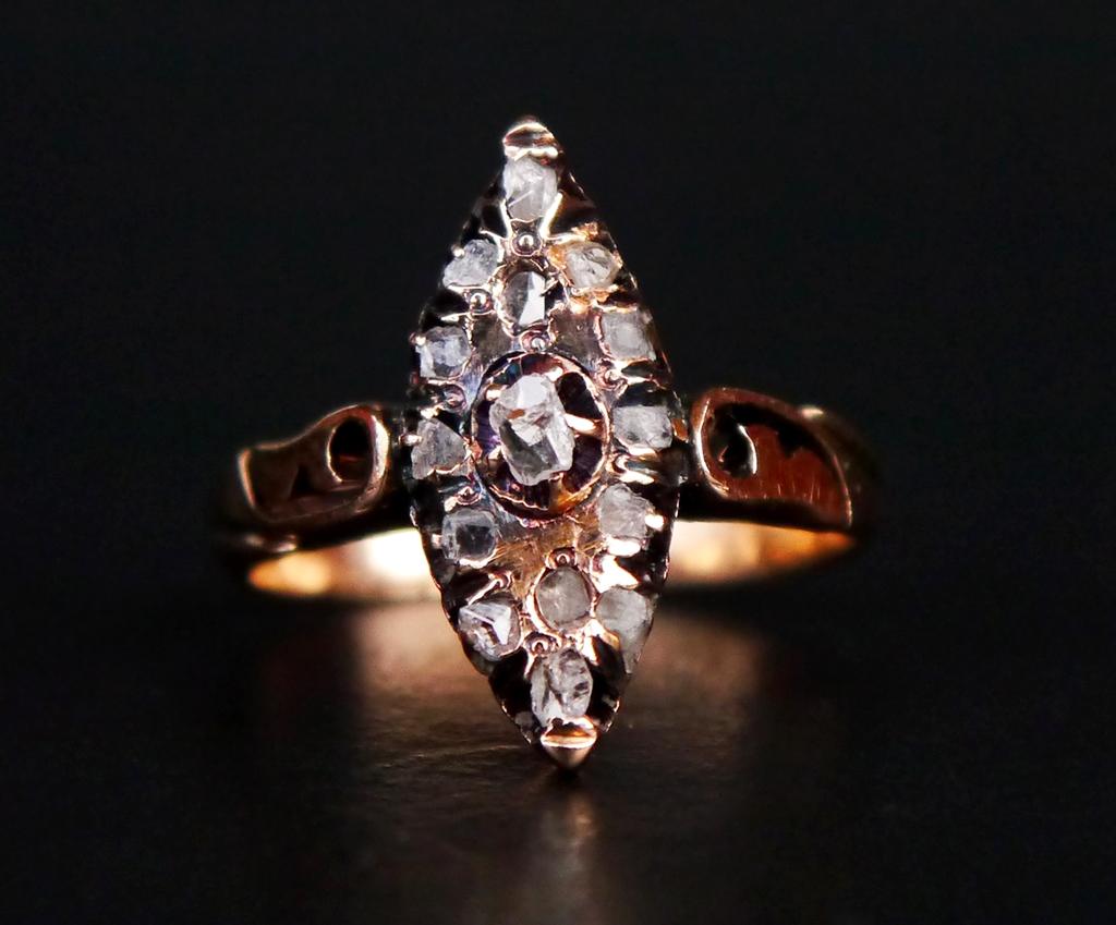 Antique Imperial Russian Lodka Ring solid 56 /14K Gold Diamonds Ø6.5US /3.2gr For Sale 4