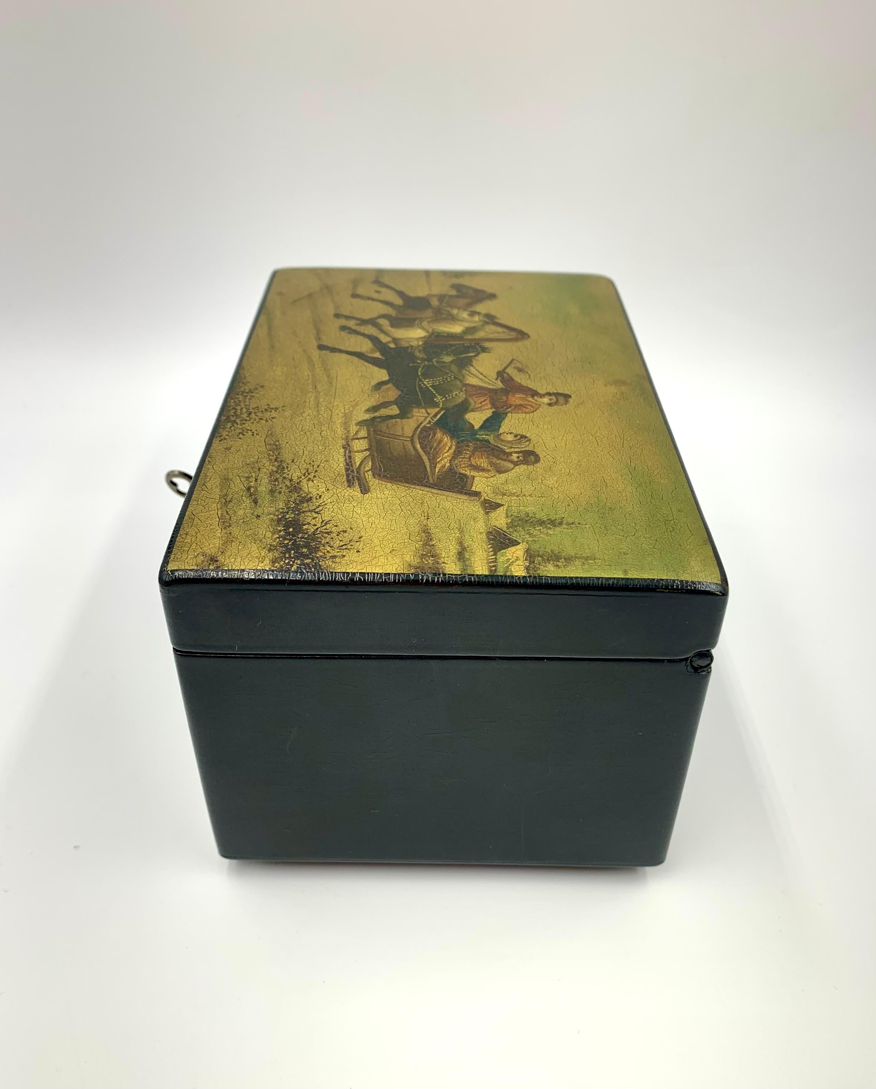 Antiguo joyero imperial ruso Lukutin Racing Winter Troika Caja de laca para joyas en venta 3