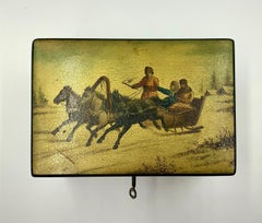 Antico cofanetto imperiale russo Lukutin Racing Winter Troika in lacca per gioielli