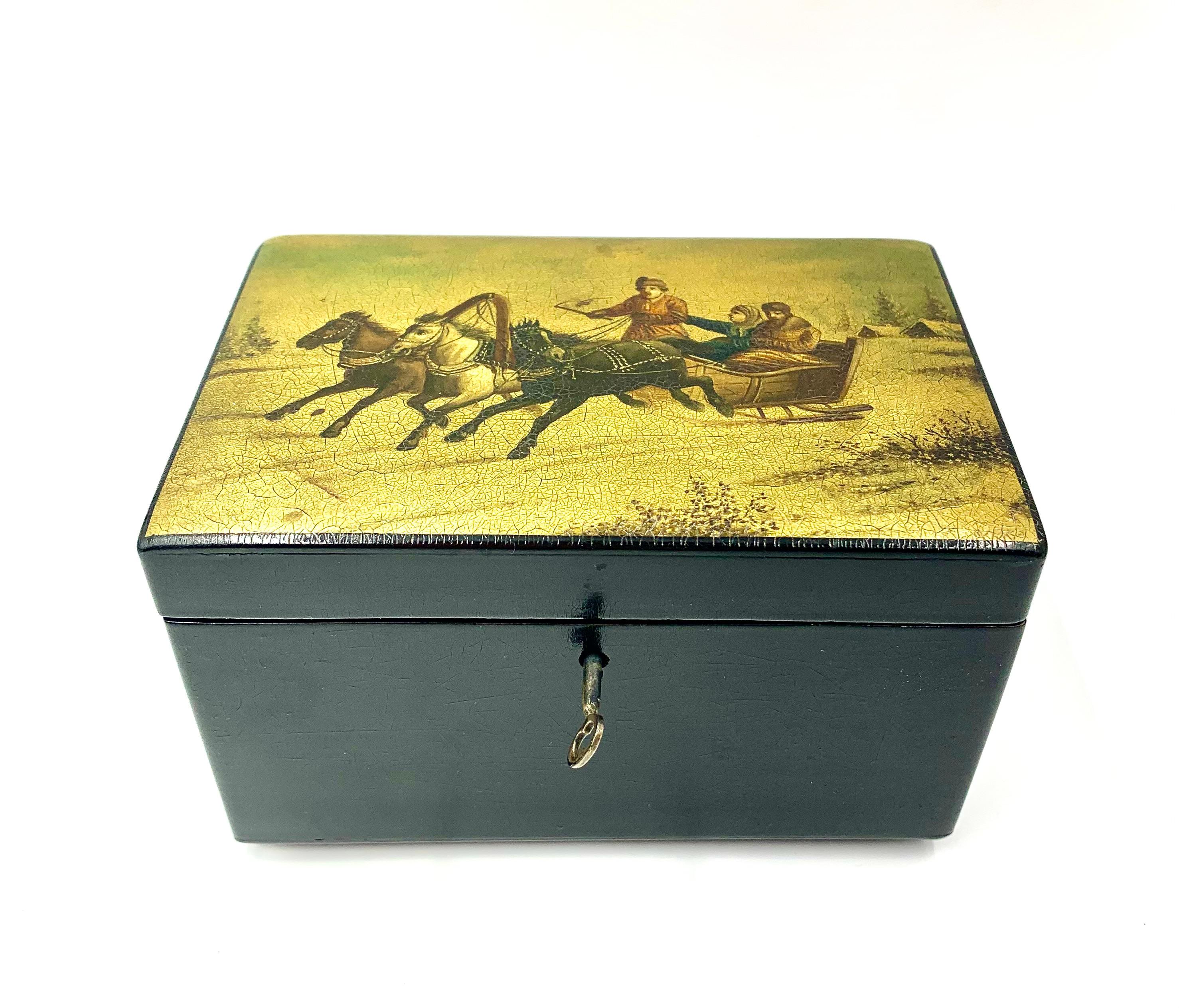 Antiguo joyero imperial ruso Lukutin Racing Winter Troika Caja de laca para joyas Laca en venta