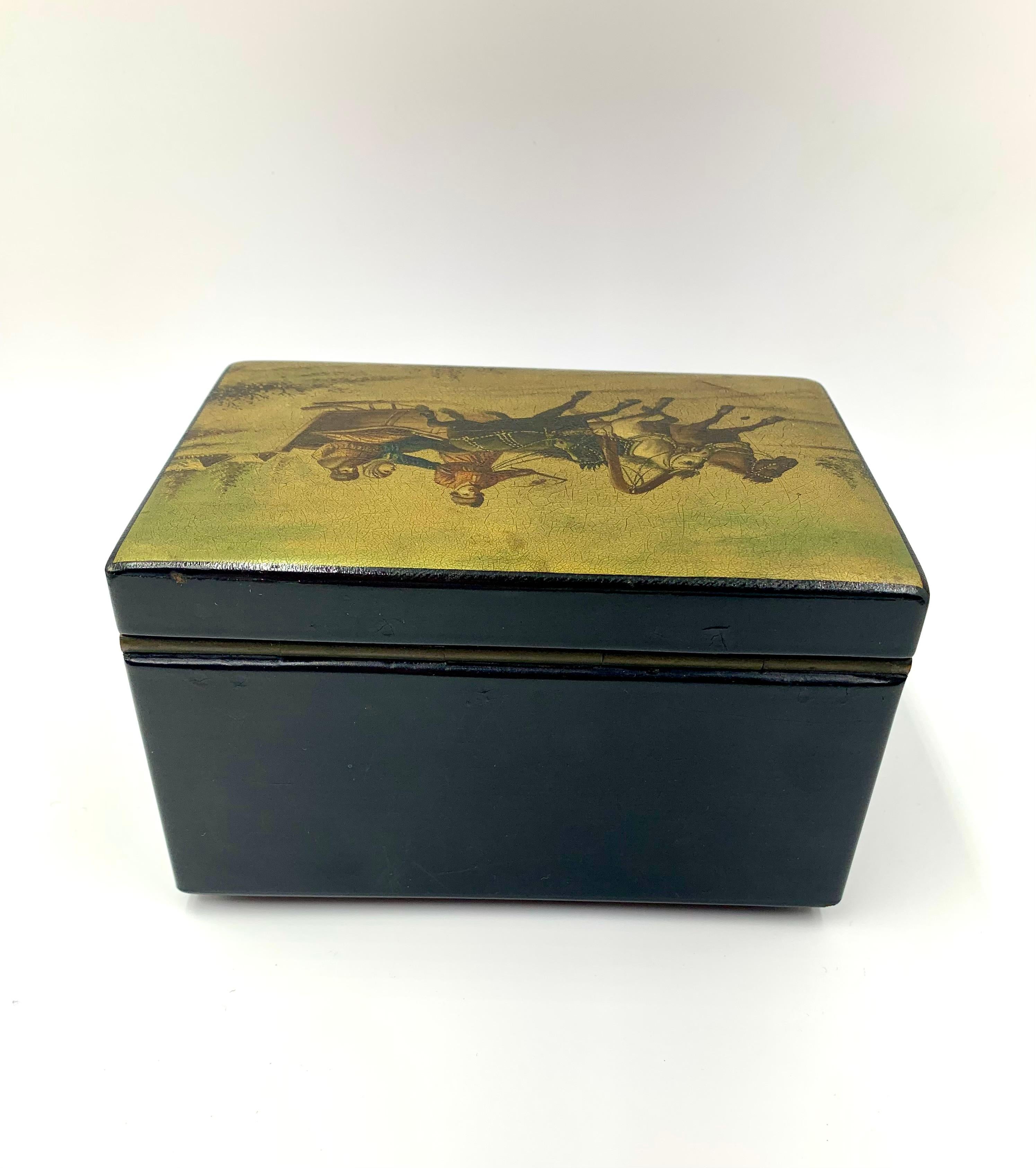 Antiguo joyero imperial ruso Lukutin Racing Winter Troika Caja de laca para joyas en venta 2