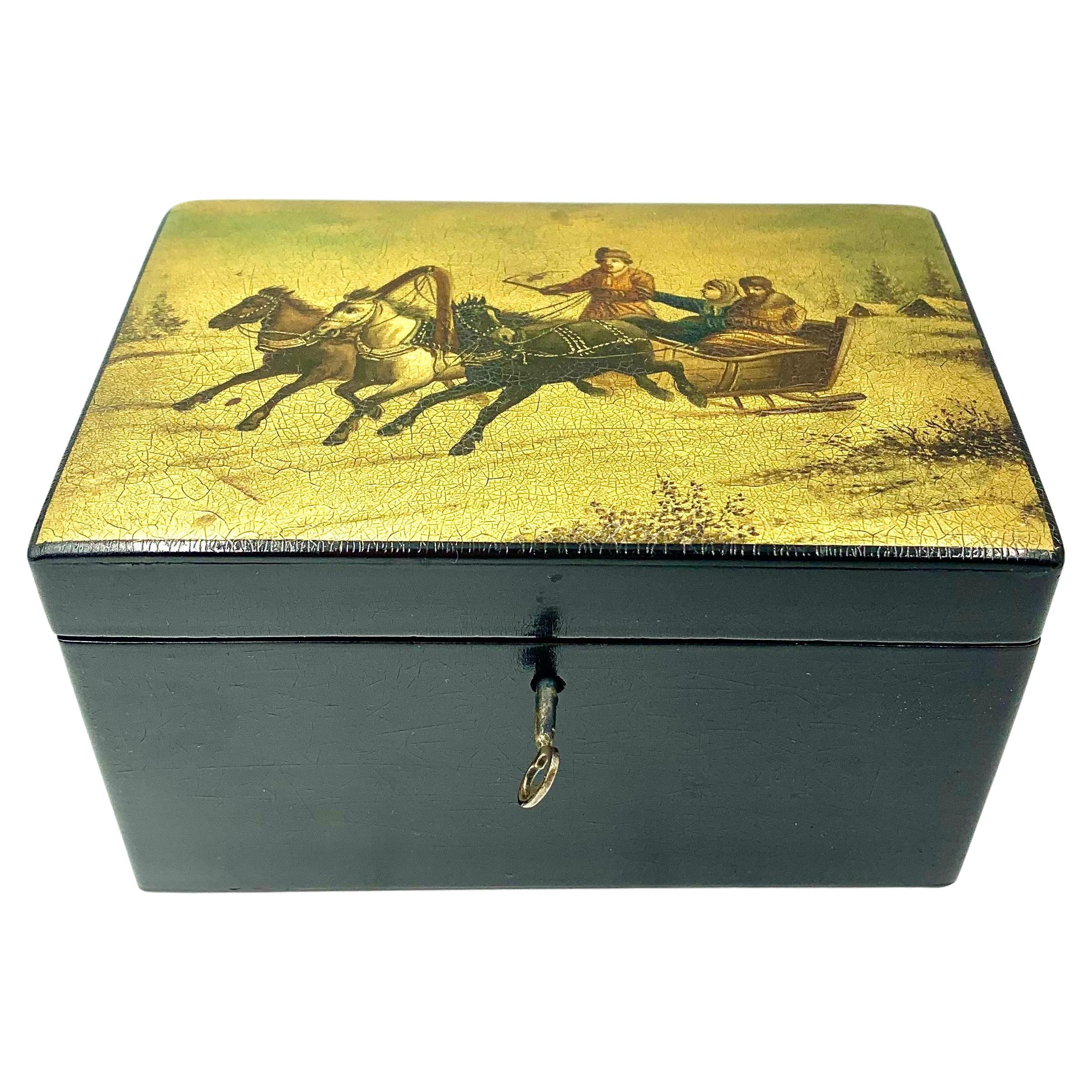 Antiguo joyero imperial ruso Lukutin Racing Winter Troika Caja de laca para joyas en venta