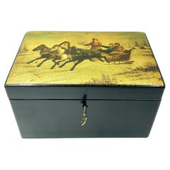 Antique Imperial Russian Lukutin Racing Winter Troika Lacquer Jewelry Casket Box