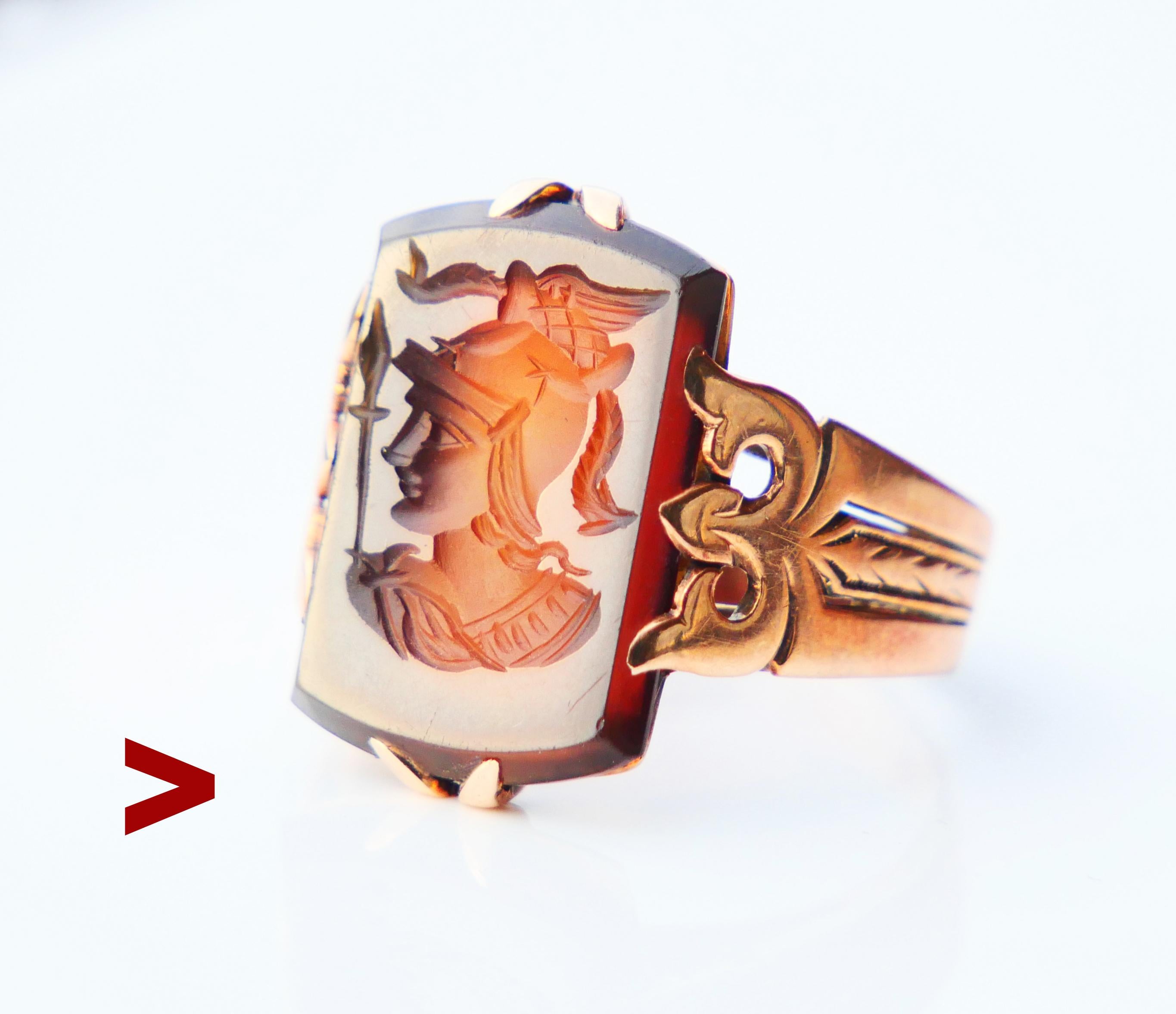 Antique Russian Unisex Signet Intaglio Ring dating to ca. ca. late XIX - early XX cent. in solid 14K Rose / Red Gold with claw set fine intaglio on Red Onyx depicting Greek Athena (Roman Minerva ) or Anat (Canaanite ) or Neith (Egyptian) - Goddess