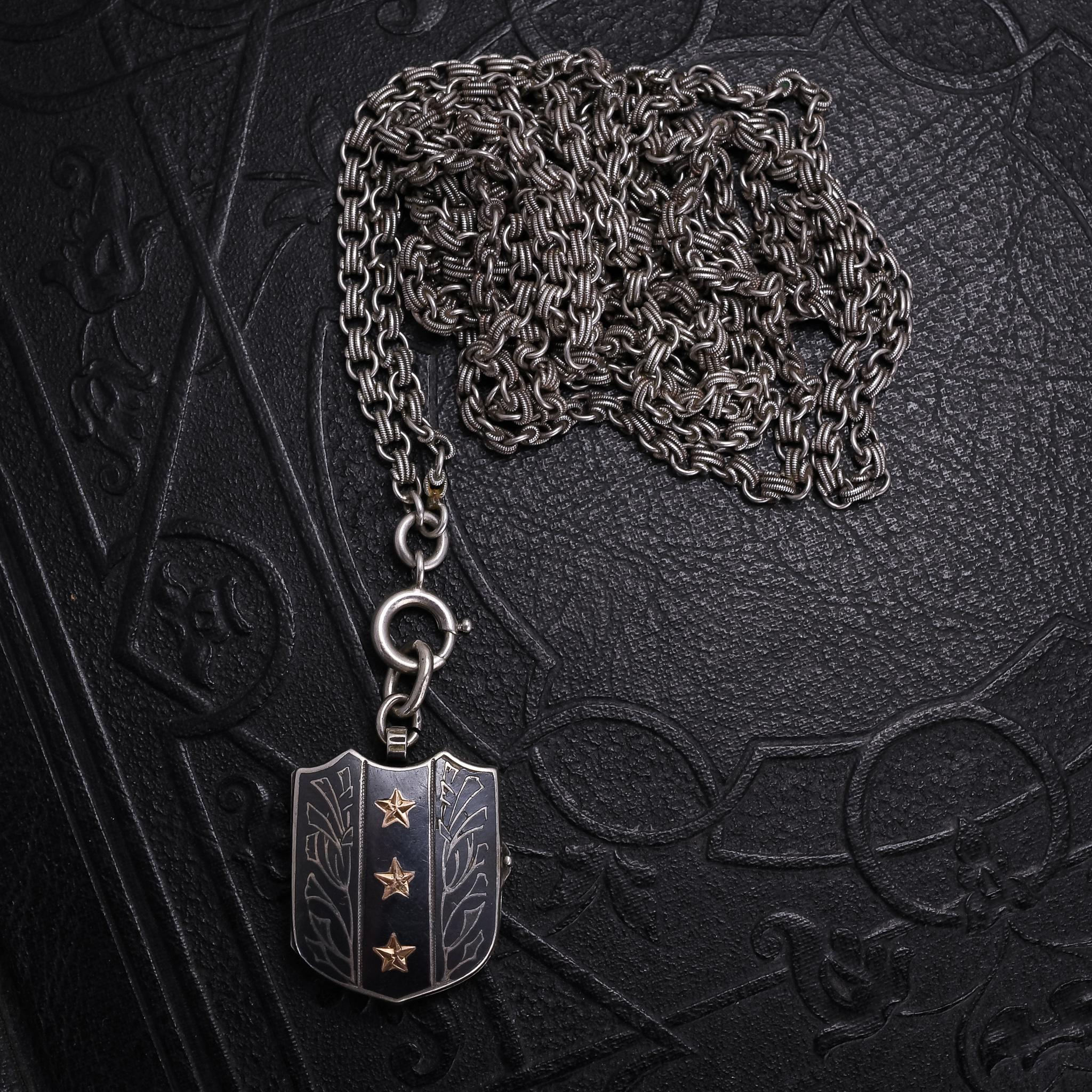 Women's or Men's Antique Imperial Russian Niello Silver Shield Locket Necklace