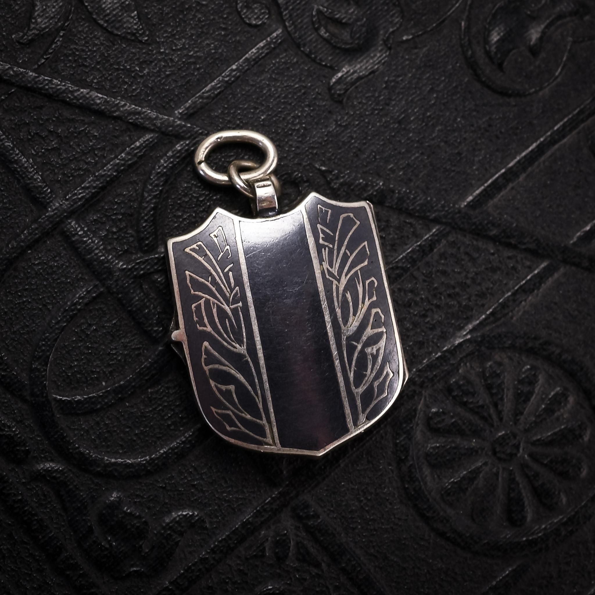 Antique Imperial Russian Niello Silver Shield Locket Necklace 1