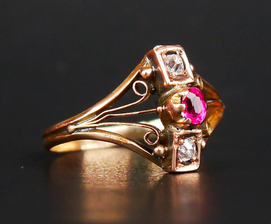 Art Nouveau Antique Imperial Russian Ring Diamonds Ruby solid 56 /14K Gold Ø 8US / 2.5 gr For Sale