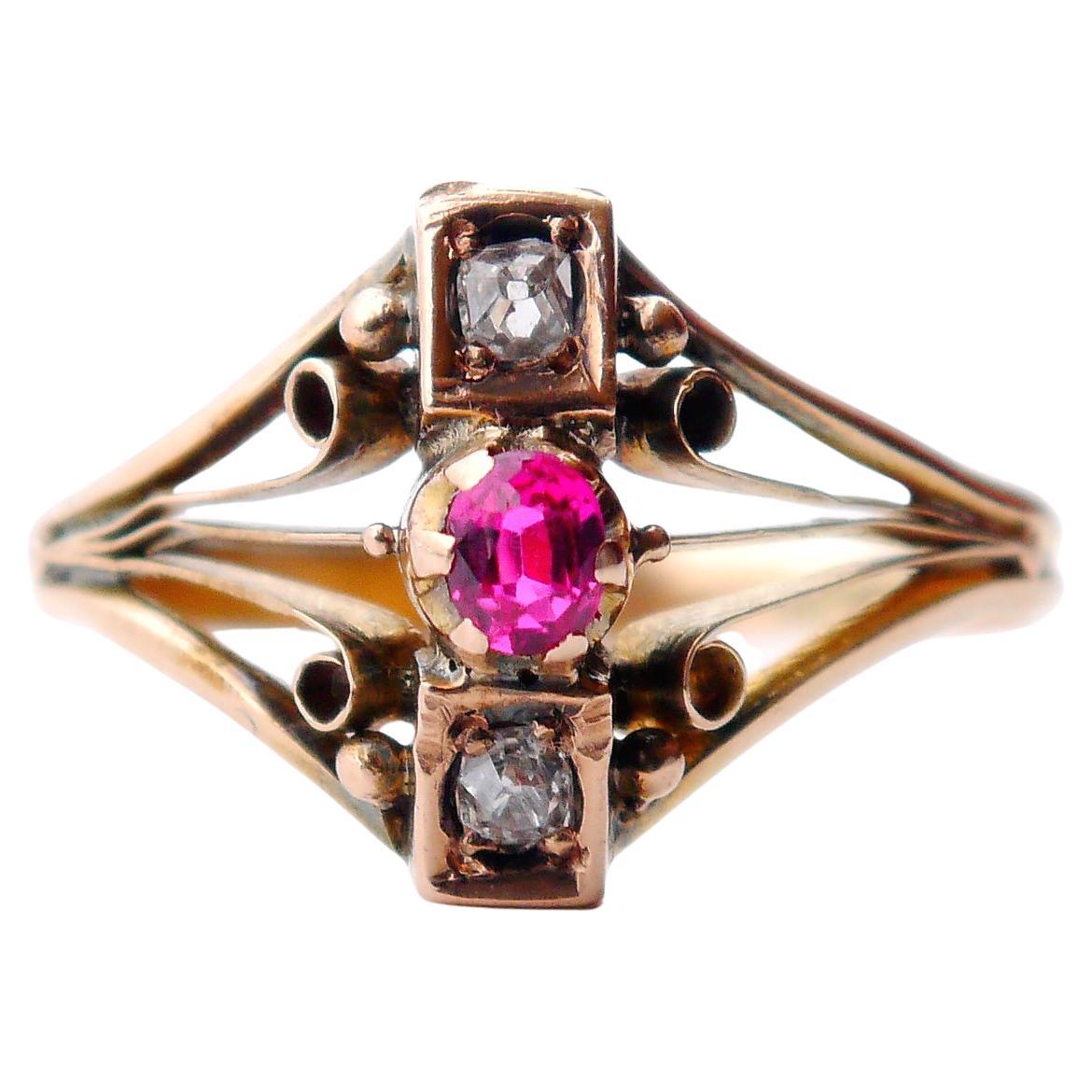 Antique Imperial Russian Ring Diamonds Ruby solid 56 /14K Gold Ø 8US / 2.5 gr For Sale