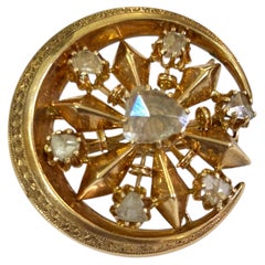 Antique Imperial Russian Rose Cut Diamond Gold Crescent Brooch