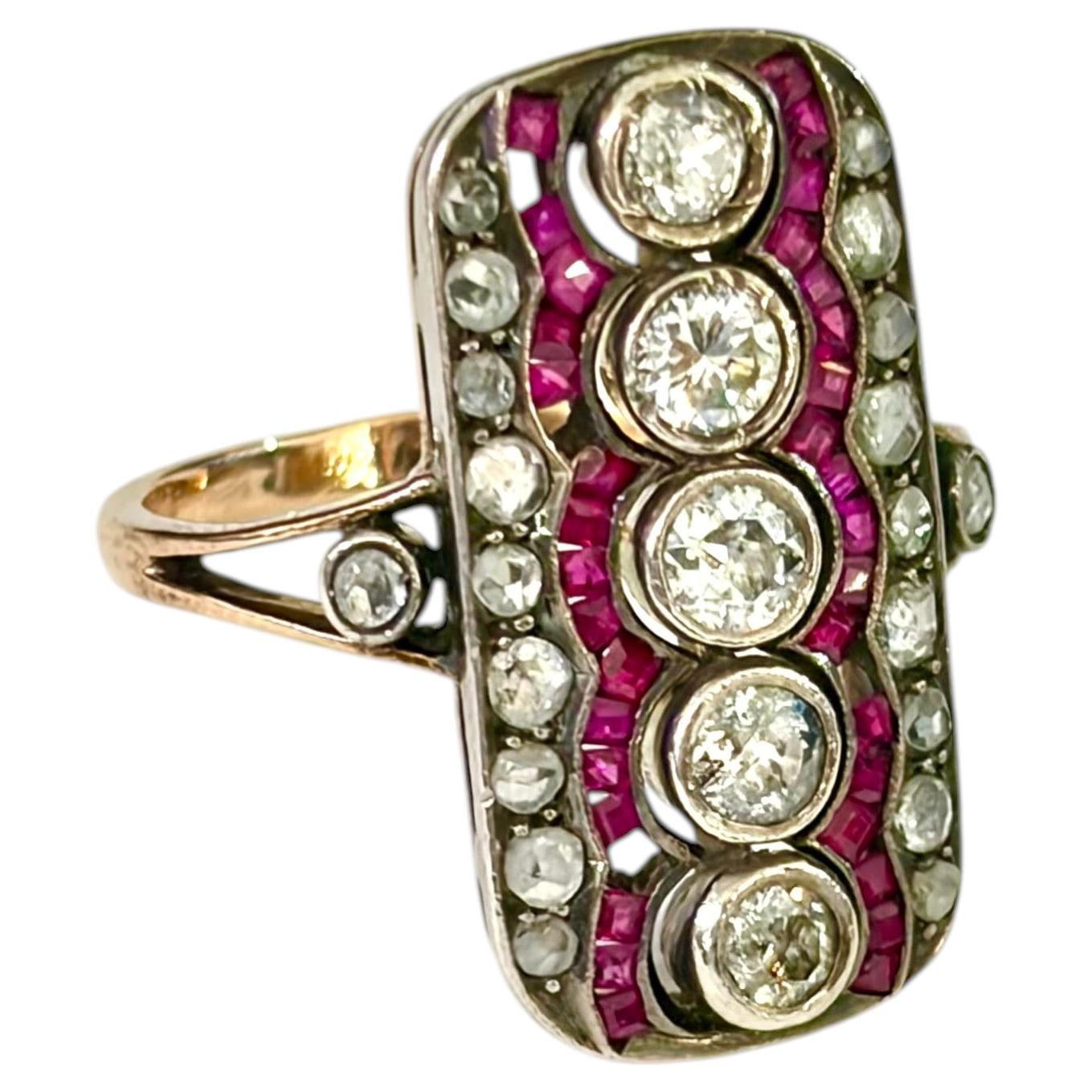 Antique Imperial Russian Ruby And Old Mine Cut Diamond Gold Ring For Sale
