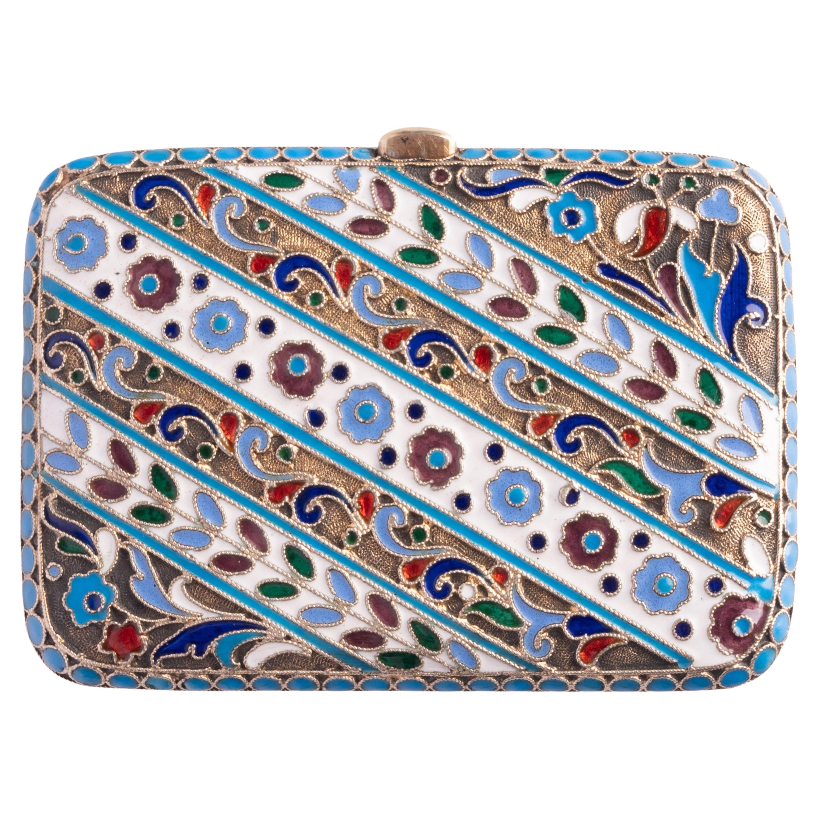 Antiguo monedero imperial ruso de plata esmaltada Cloisonné Moscú 1899