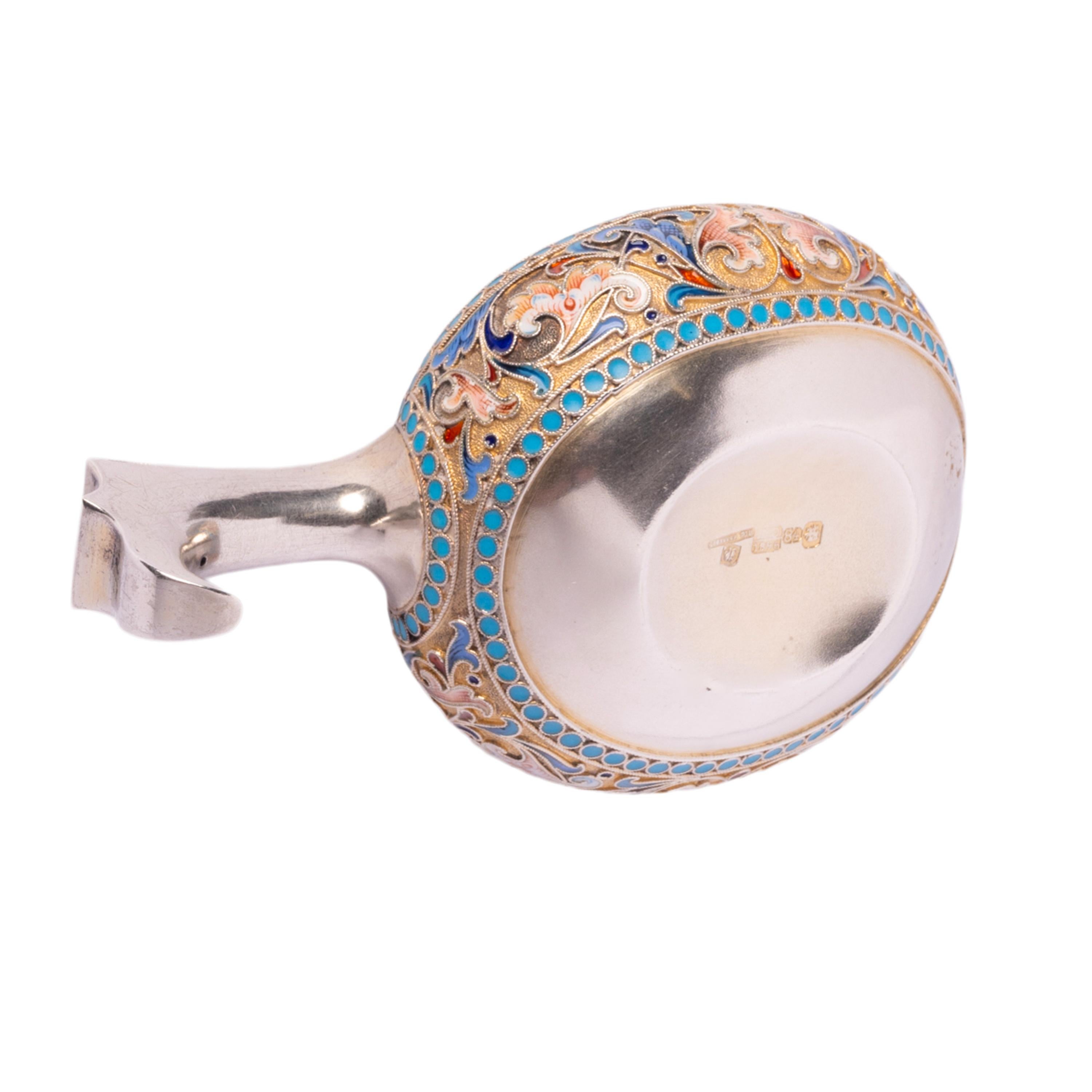 Antique Imperial Russian Silver Cloisonne Enamel Kovsh Ovchinnikov Moscow 1896 For Sale 5