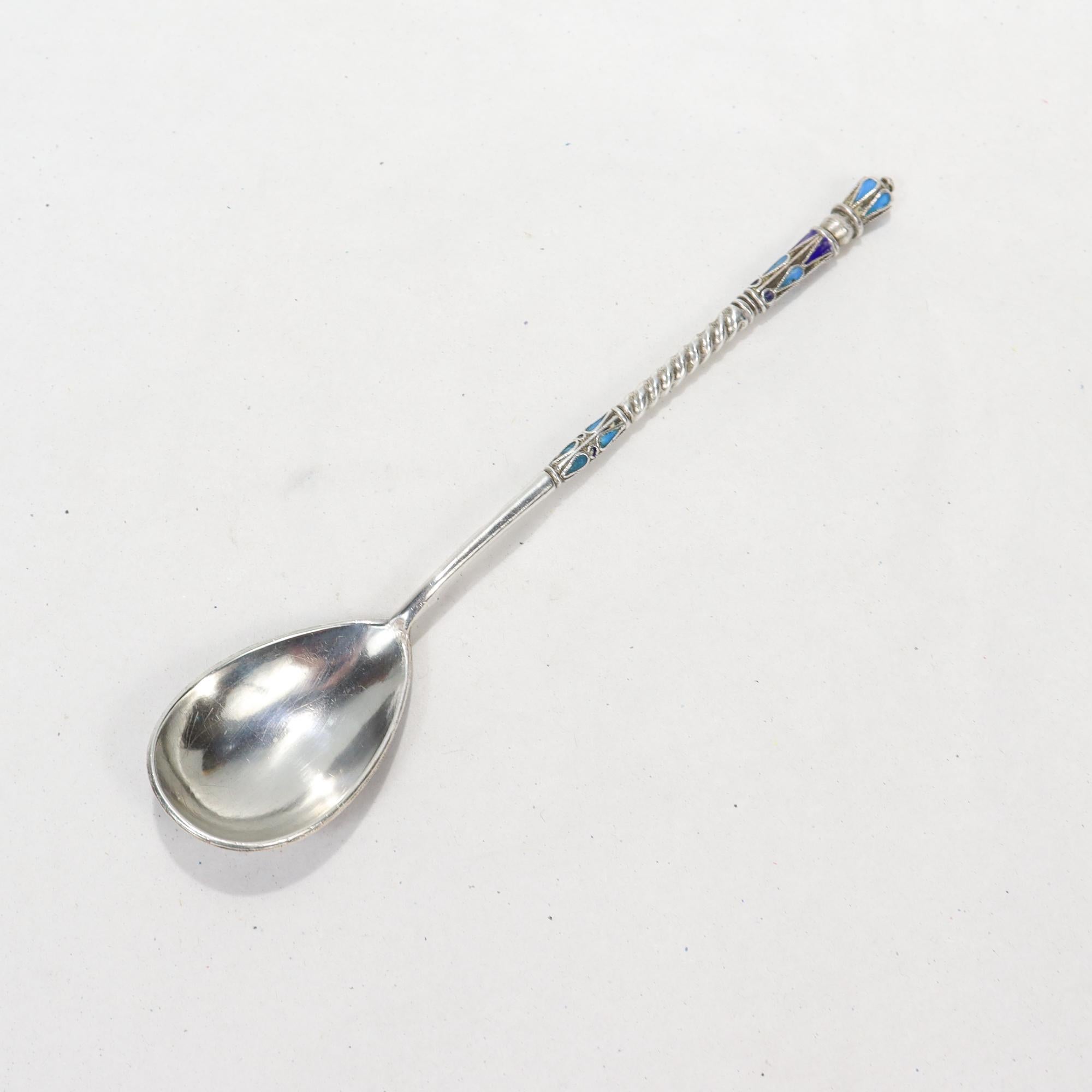 A fine Russian silver & enamel spoon.

With polychrome cloisonné enamel decoration to both the front and reverse.

Simply a wonderful piece of Russian silver!

Date:
Late 19th or Early 20th Century

Overall Condition:
It is in overall good,