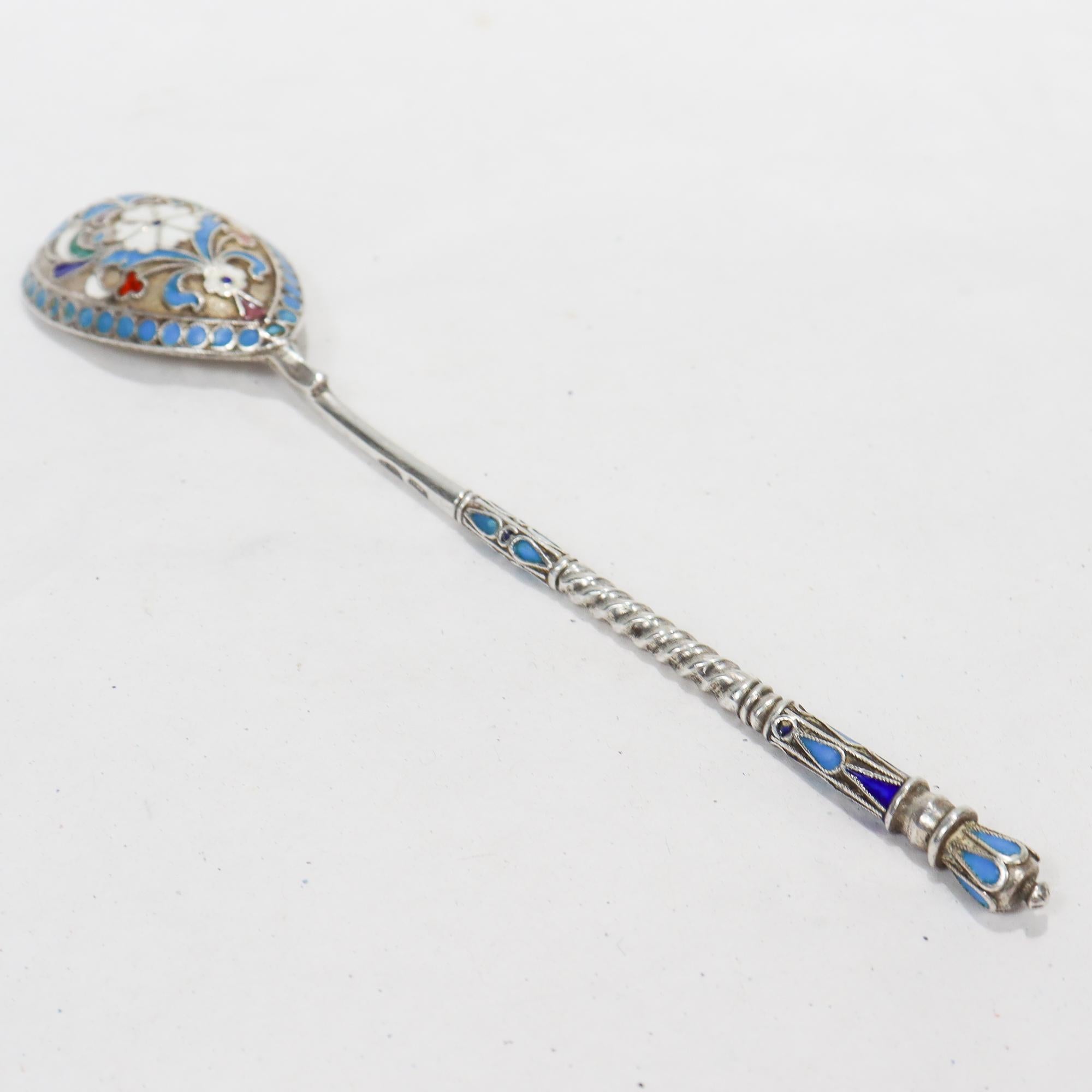Antique Imperial Russian Silver & Cloisonne Enamel Spoon In Good Condition For Sale In Philadelphia, PA